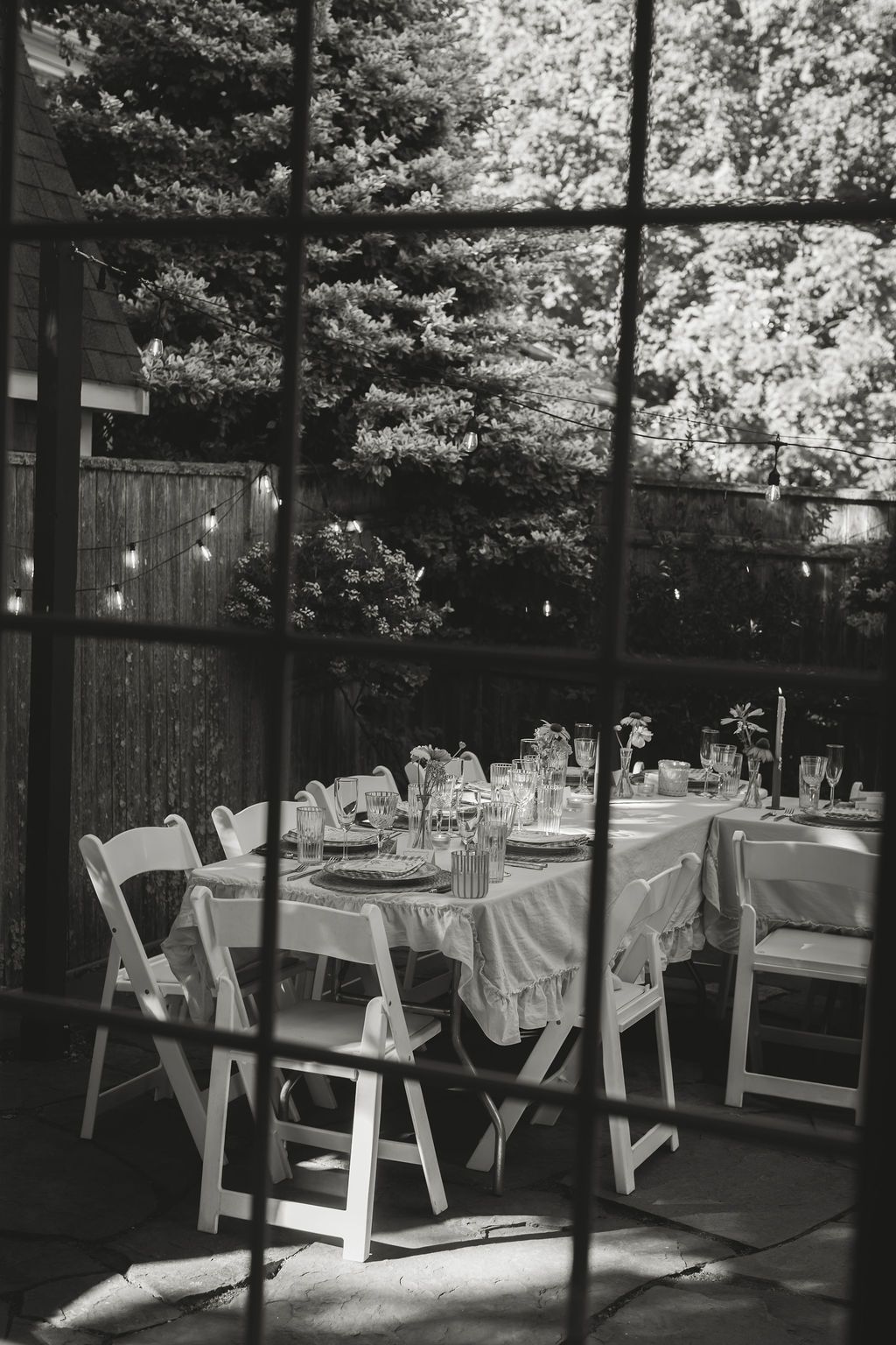 backyard reception set up through window