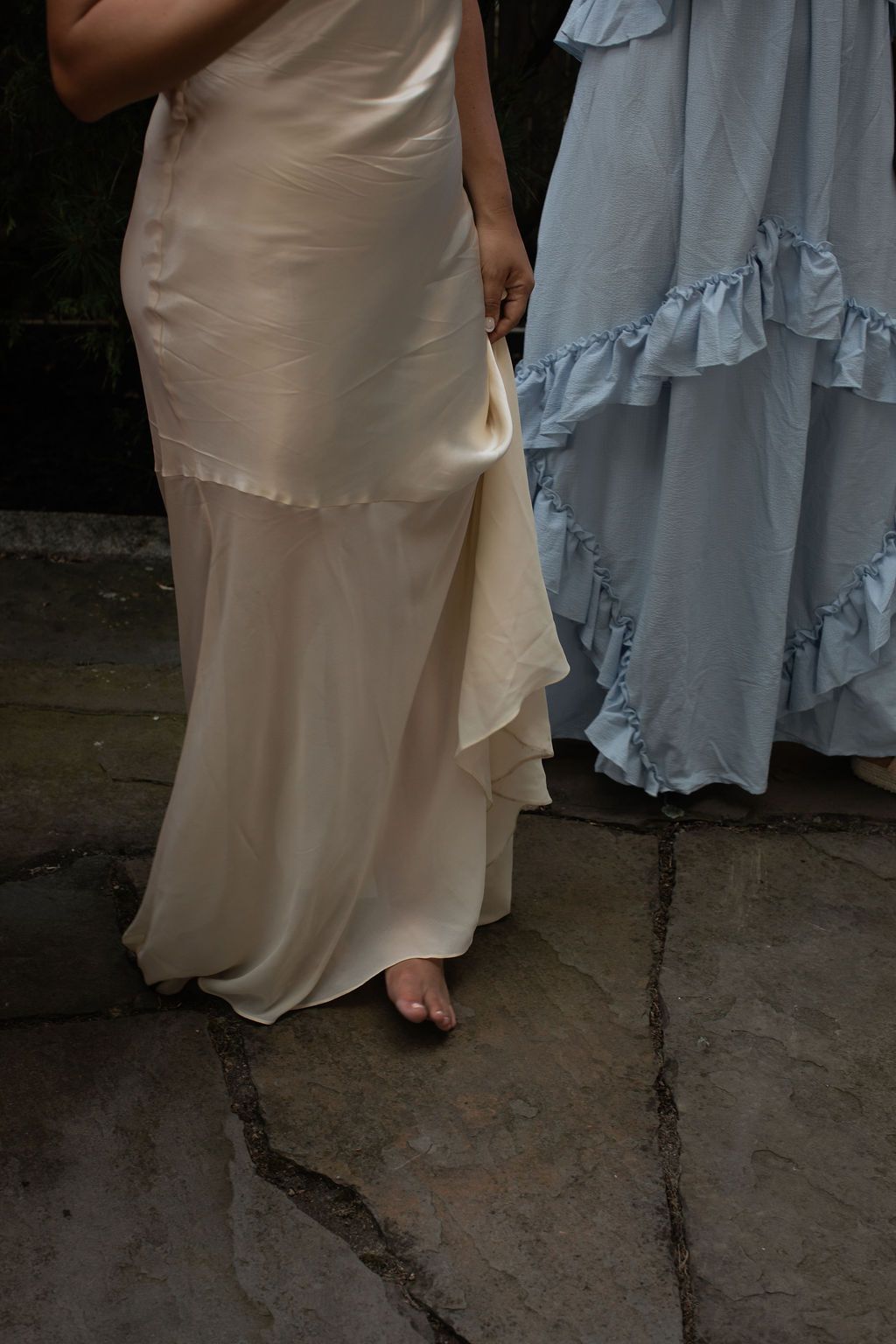 silk wedding dresses at backyard reception