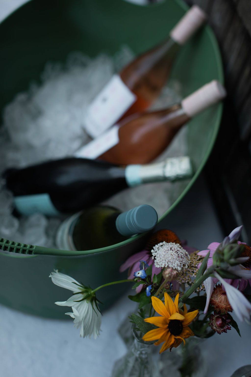 wine in ice at summer wedding cocktail hour