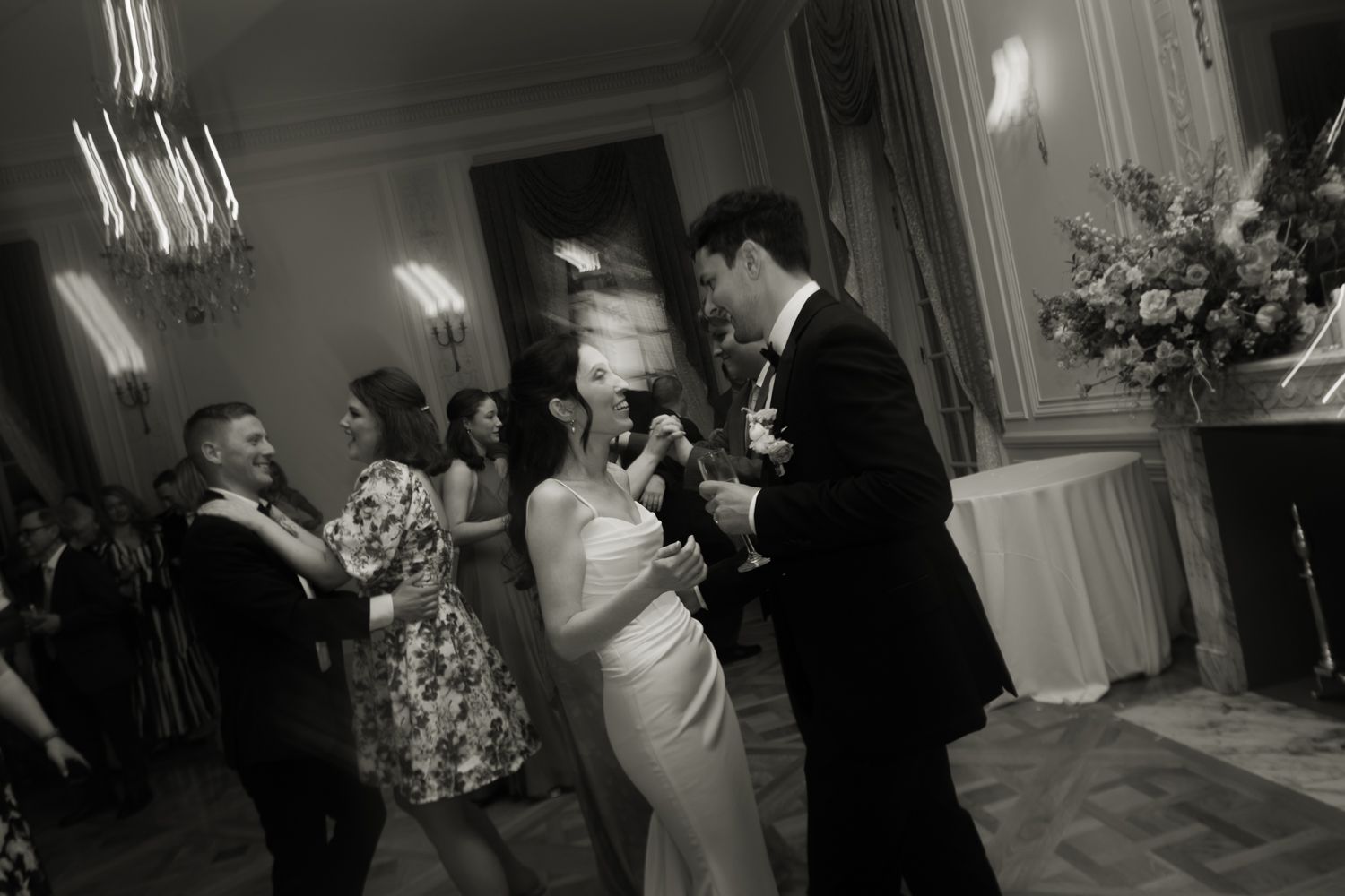 bride and groom dancing at wedding reception