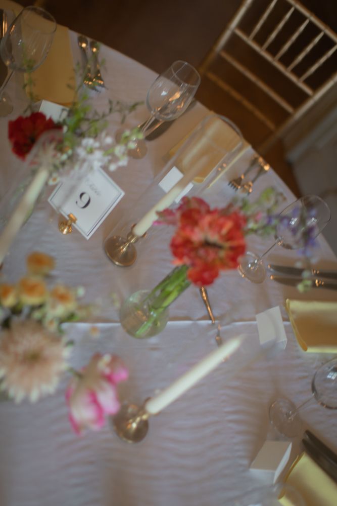 wedding dinner table set up with flowers