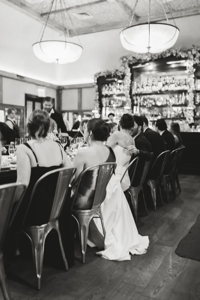 black and white photo of wedding reception dinner