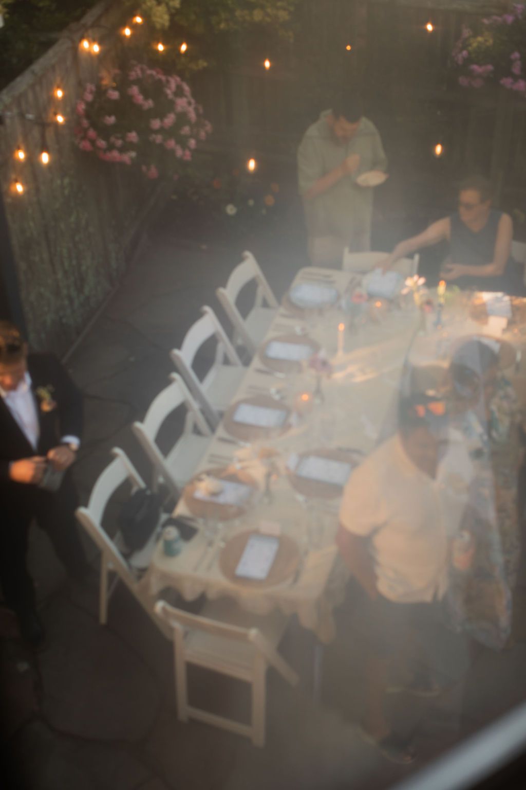 top down images of tables set up at backyard wedding reception