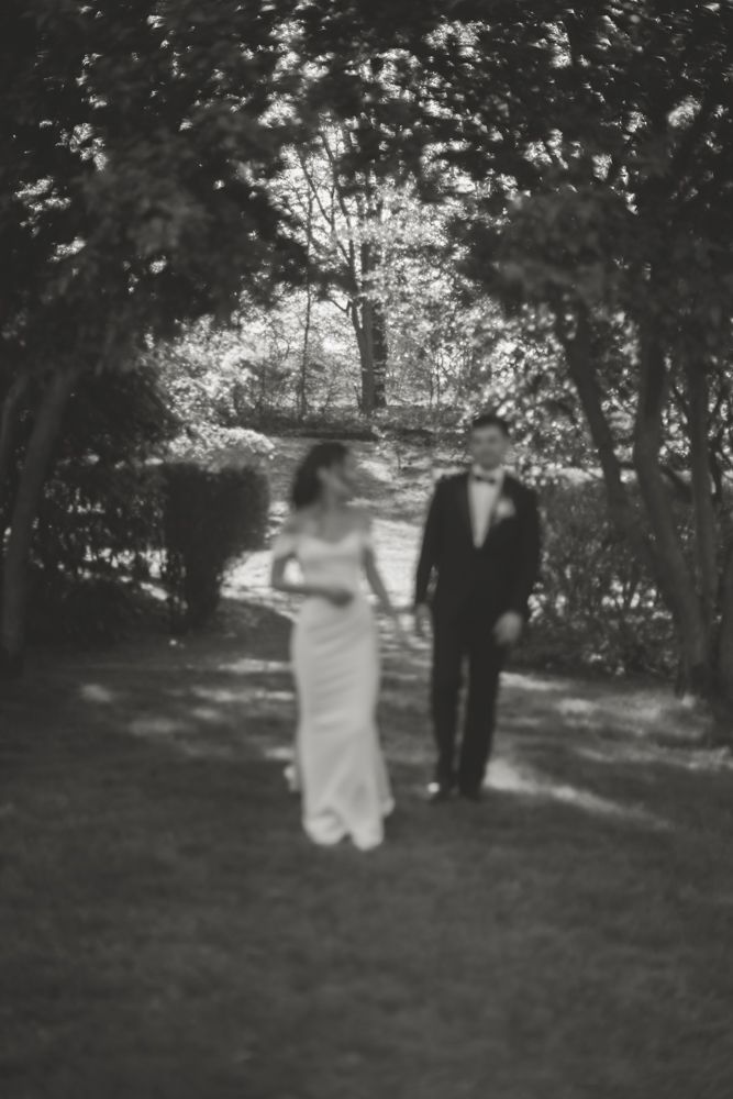artistic photo of bride and groom in garden