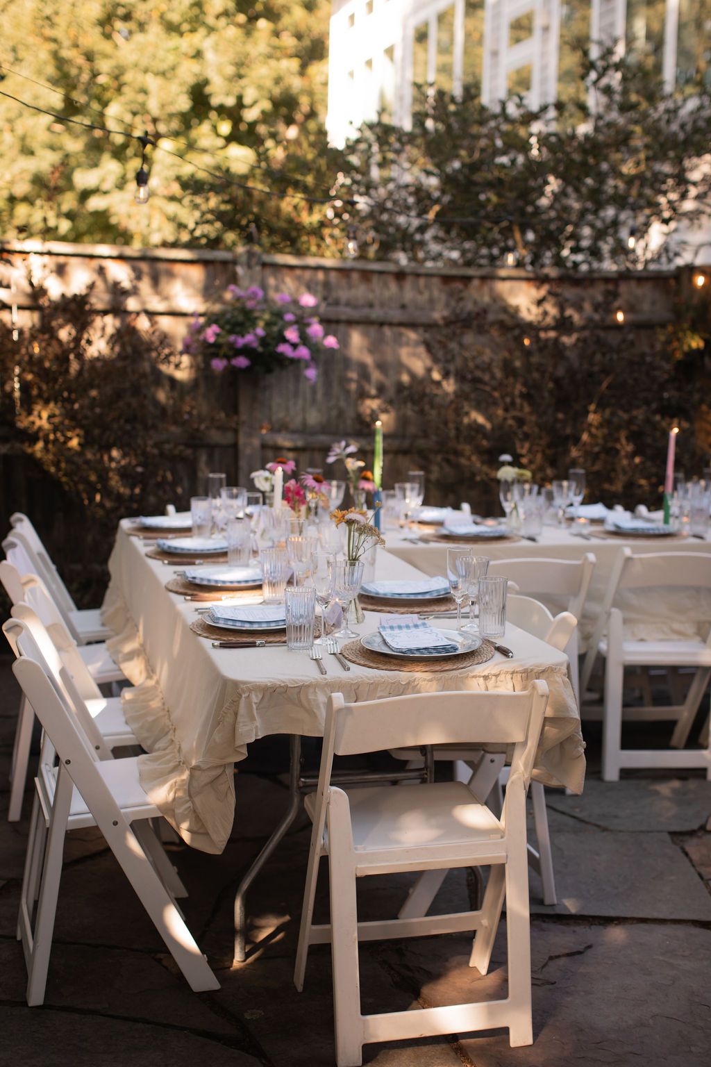 backyard wedding reception with garden chairs