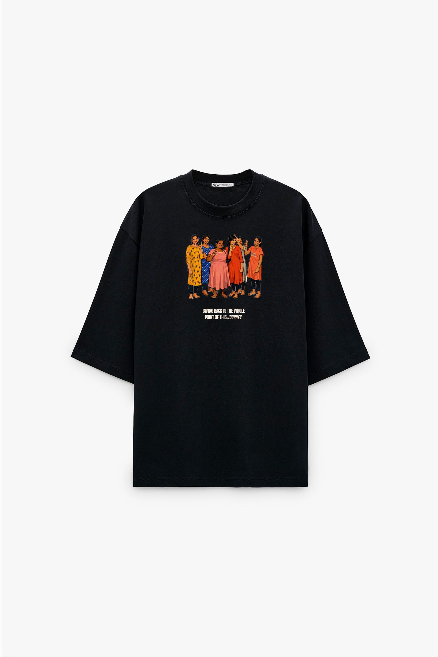 Black t-shirt with orange dancing figures graphic design shown from three different angles.