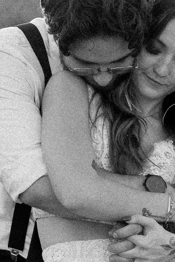 Close-up black and white portrait of a tender romantic embrace.