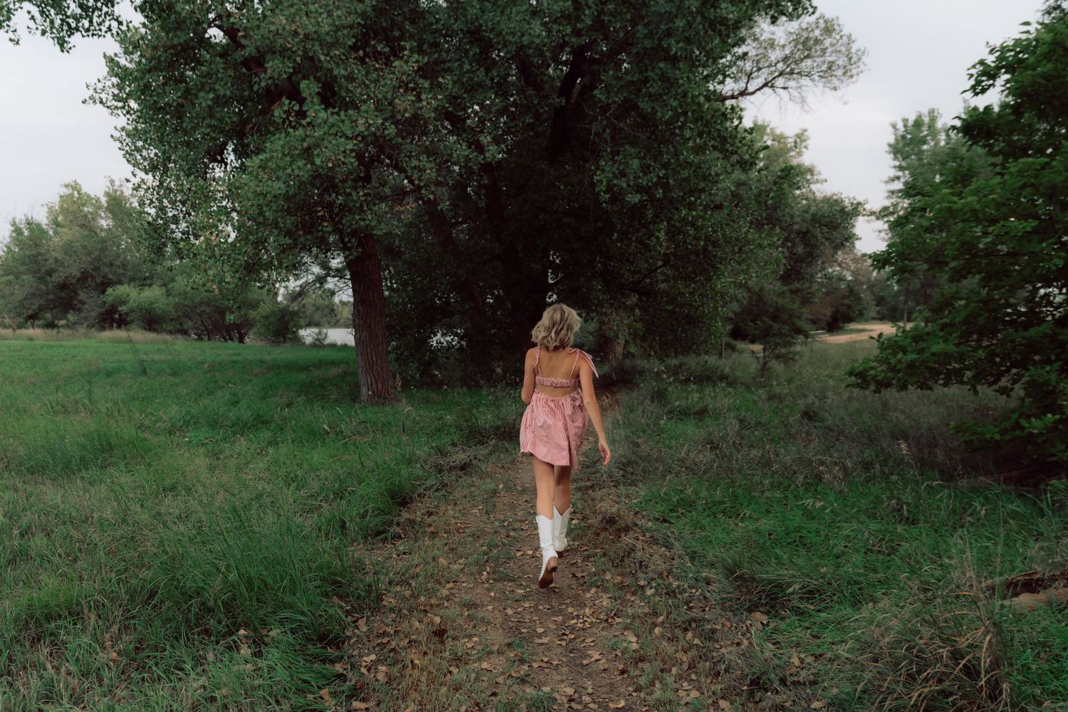 A figure in a pink dress walks along a tree-lined dirt path through a green meadow.
