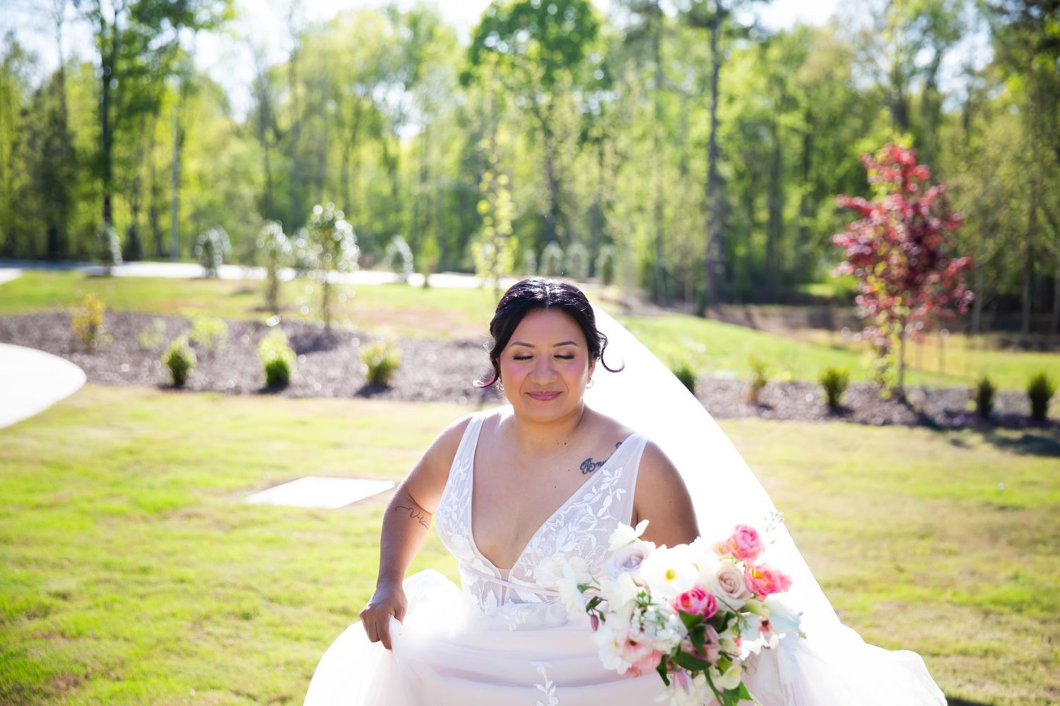 Bride, holding a bouquet, running playfully
