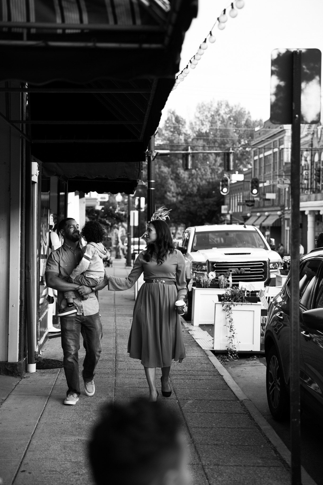 Family walking together downtown