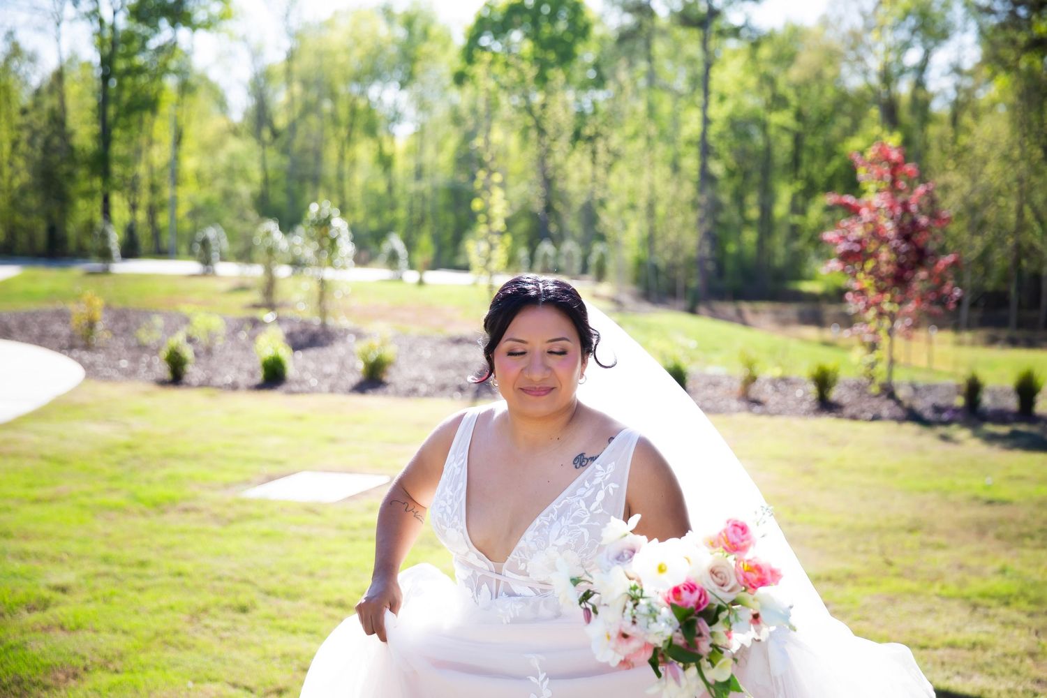 Bride running  in a field