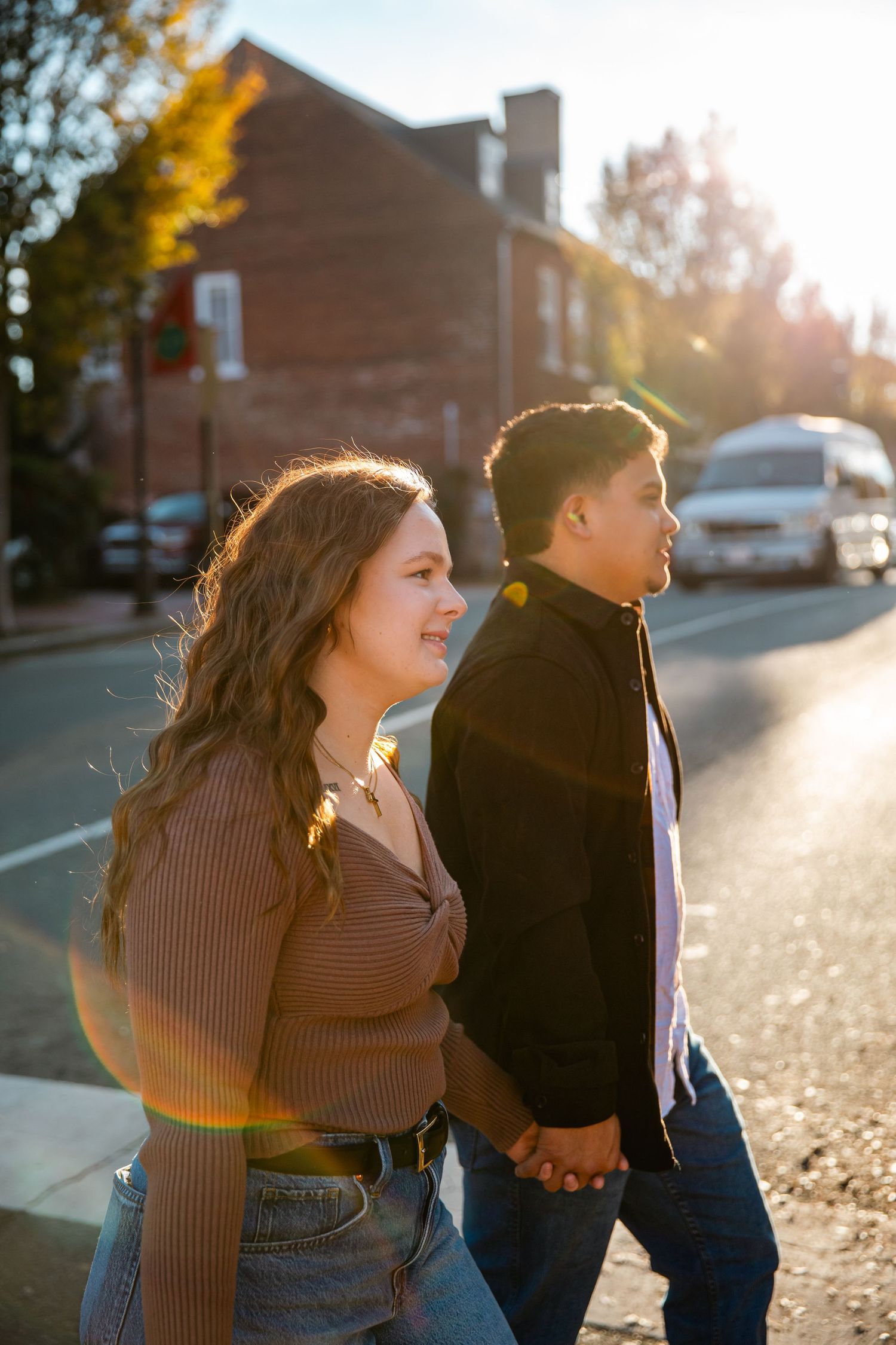Film Style photo of a Couple crossing a city street