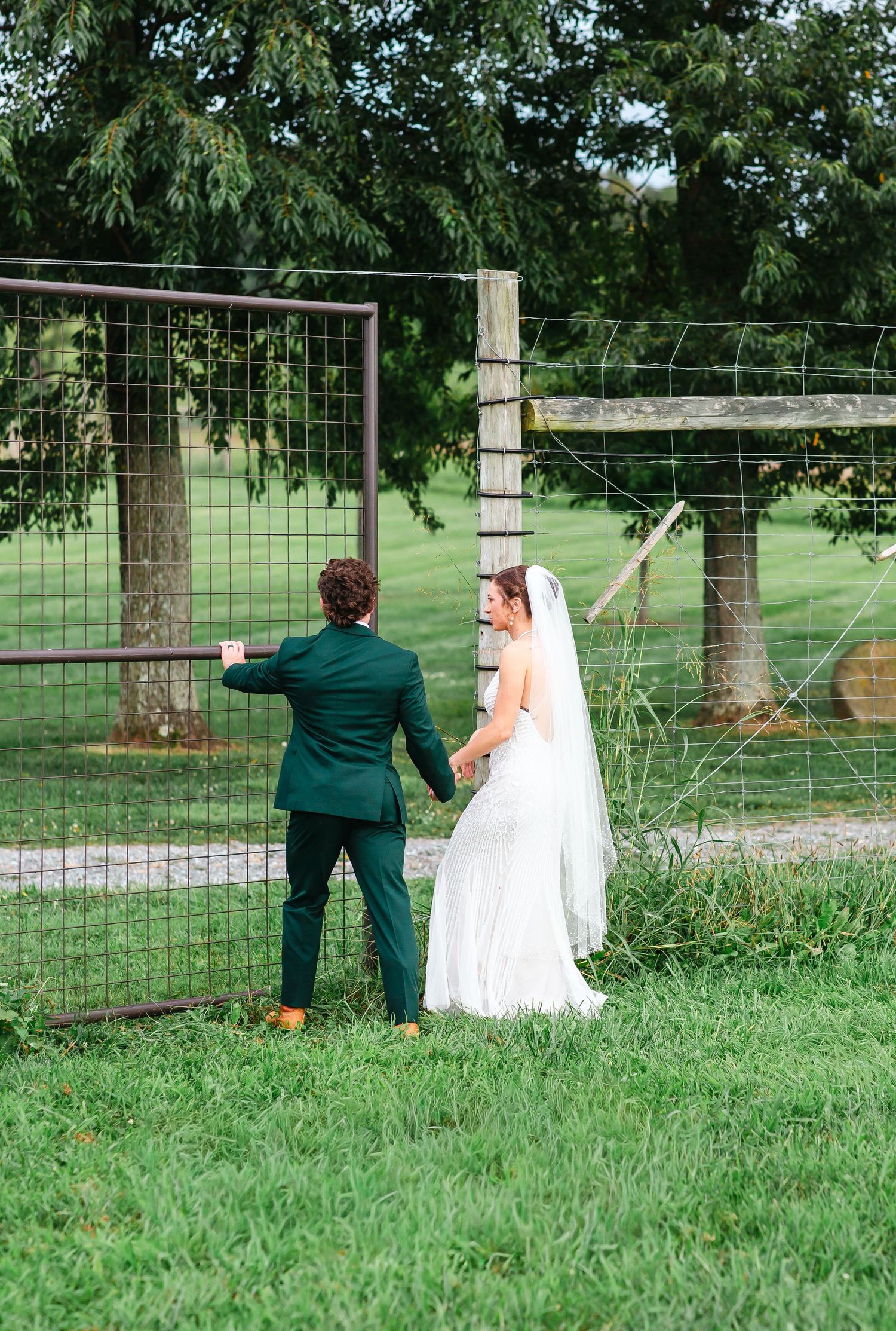 A bride in a white gown and veil holds hands with a groom in a green suit near a rustic fence on a lush green farm.