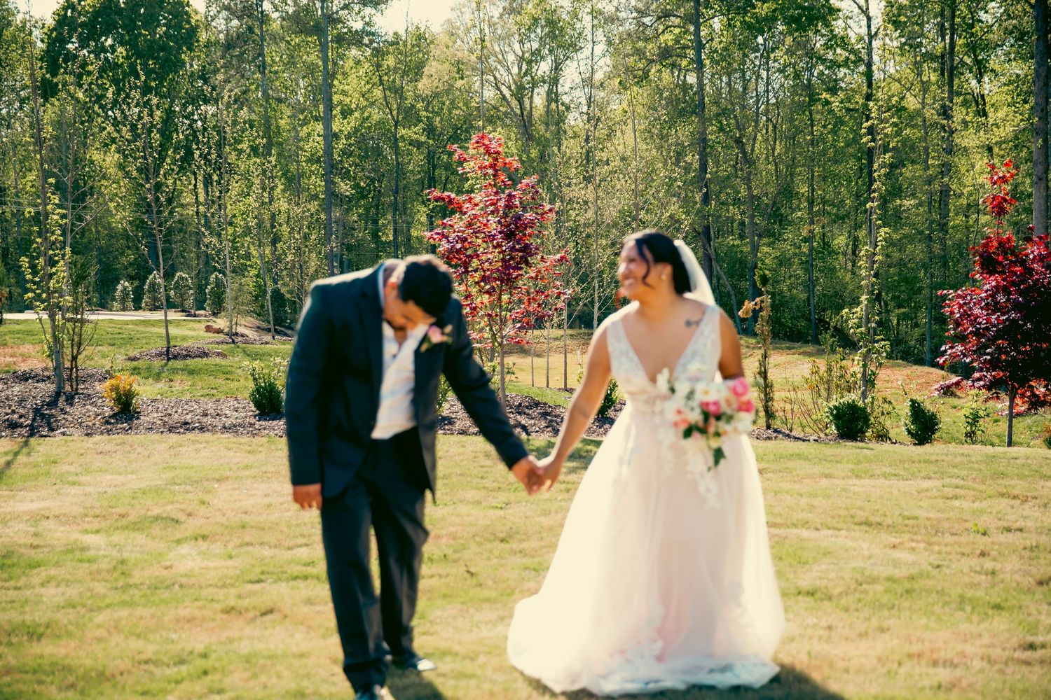 Bride and groom laughing