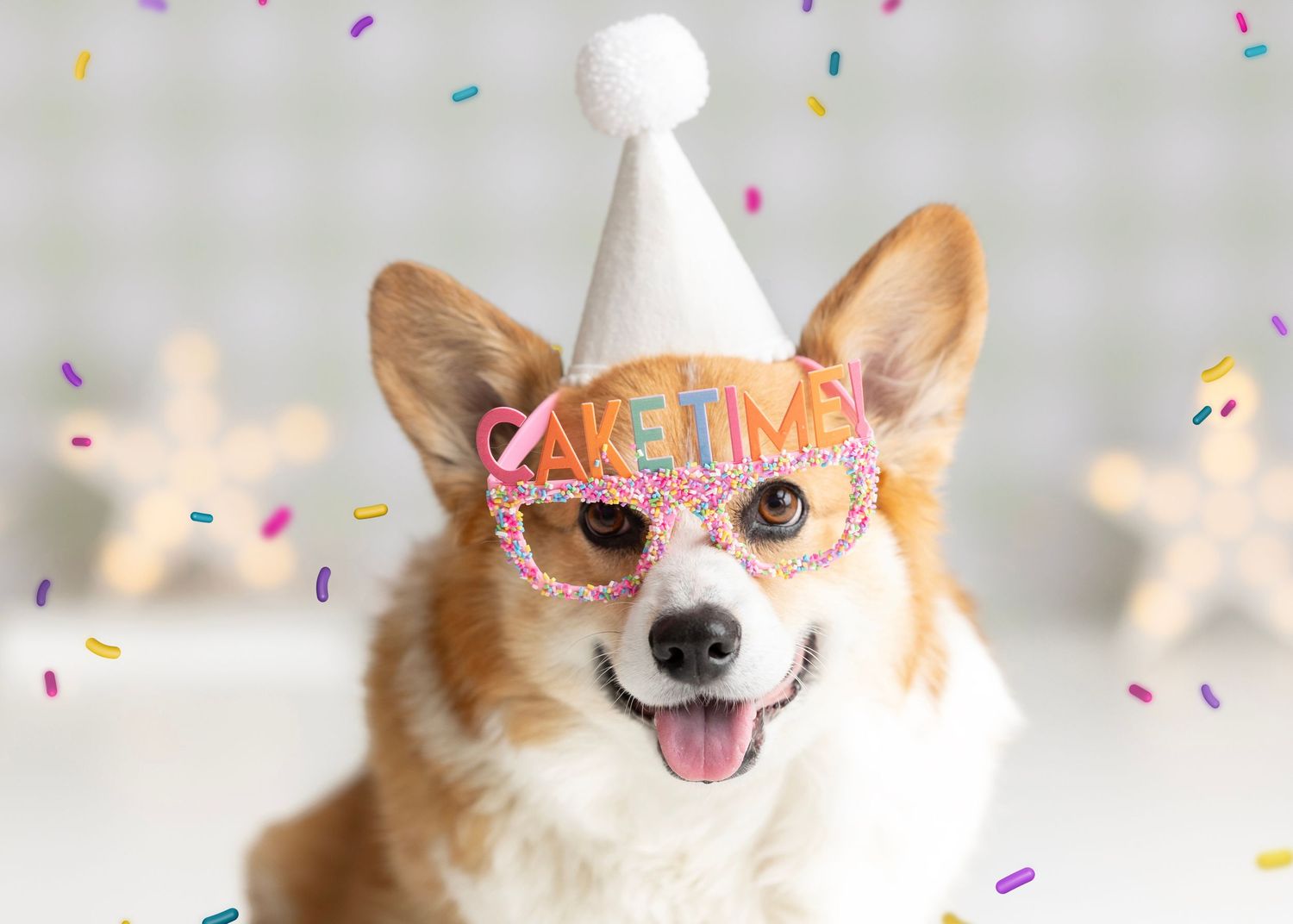 Fun birthday themed portrait with party hat, confetti, and colorful “cake time” glasses
