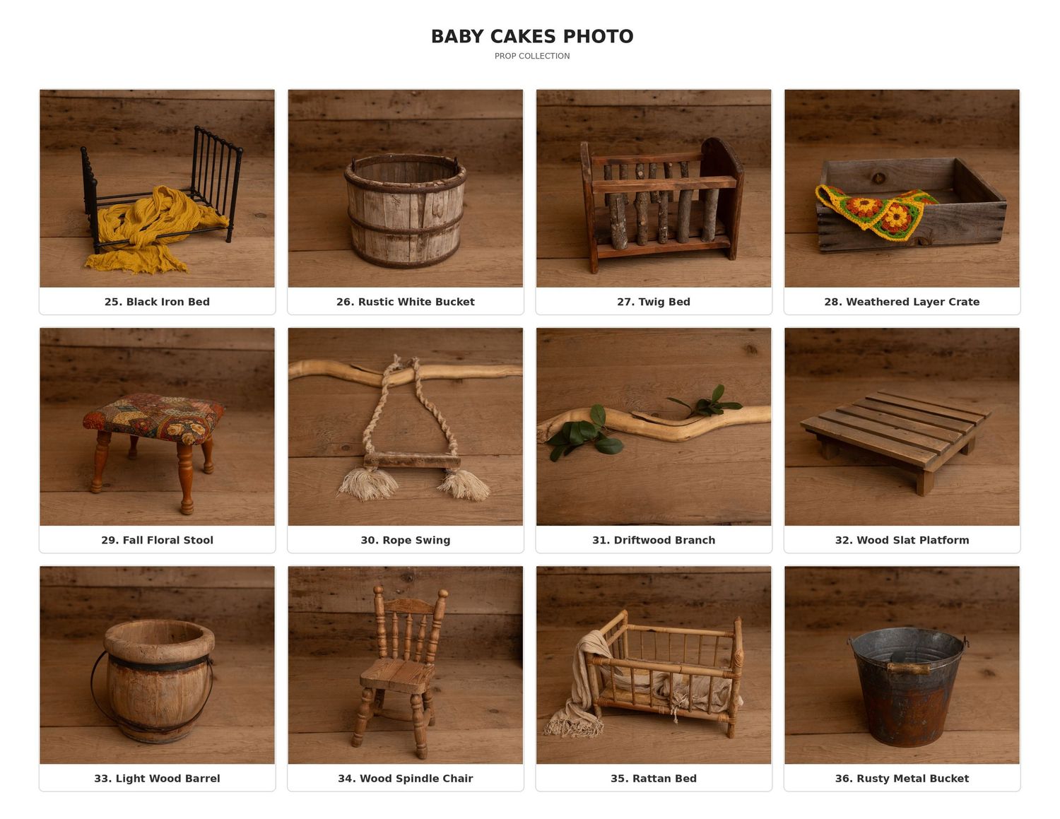 Vintage newborn photo props including iron beds, wooden buckets, rope swings, and spindle chairs displayed on a rustic wood backdrop.