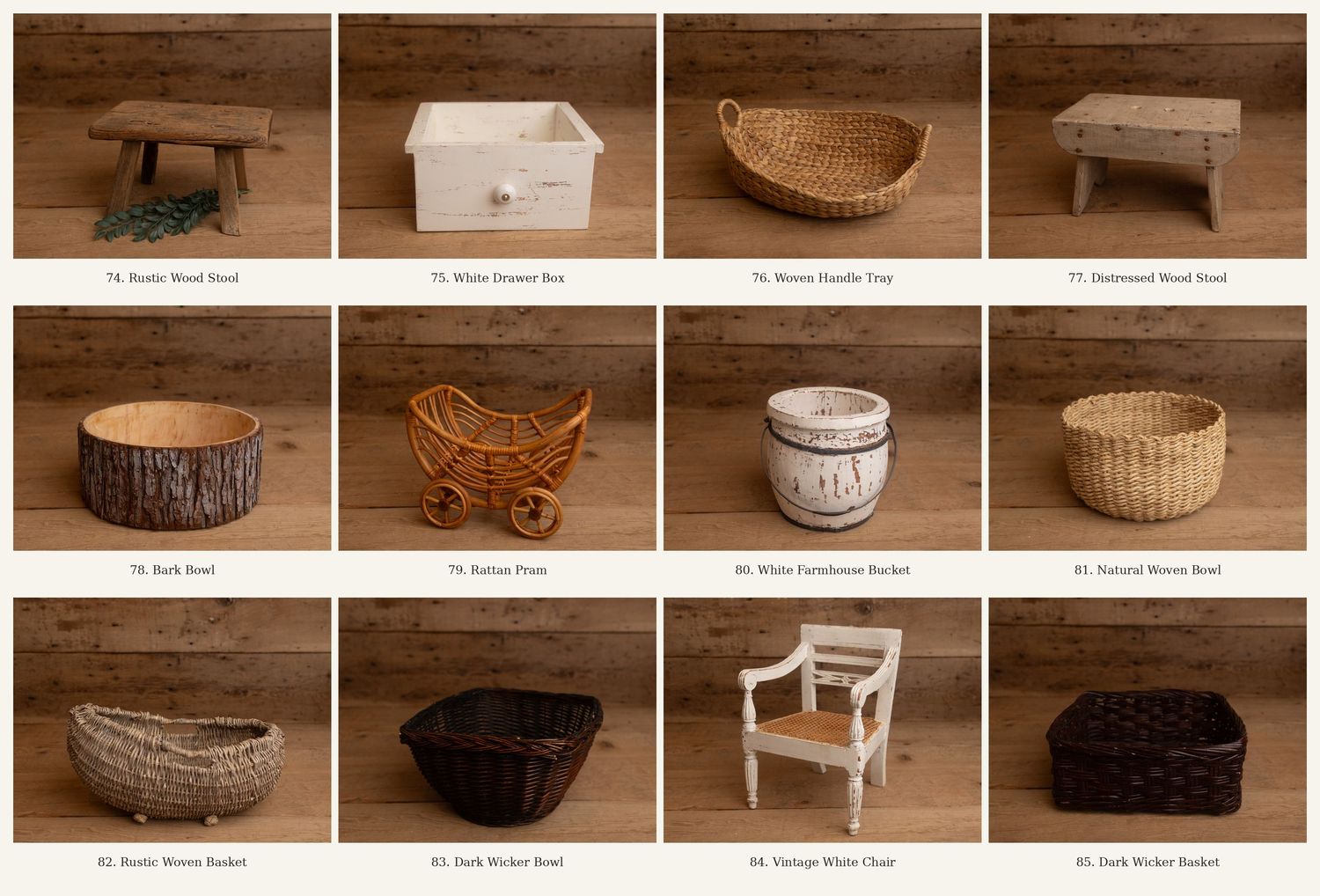 Rustic newborn photography props including wicker baskets, wooden stools, barrel, wicker chair, and woven trays on white background.