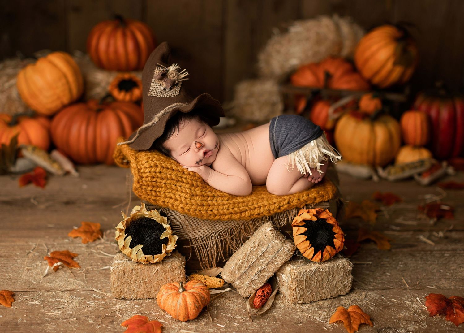 Sleeping newborn baby in cowboy hat posed in wooden box surrounded by autumn pumpkins and fall decorations.