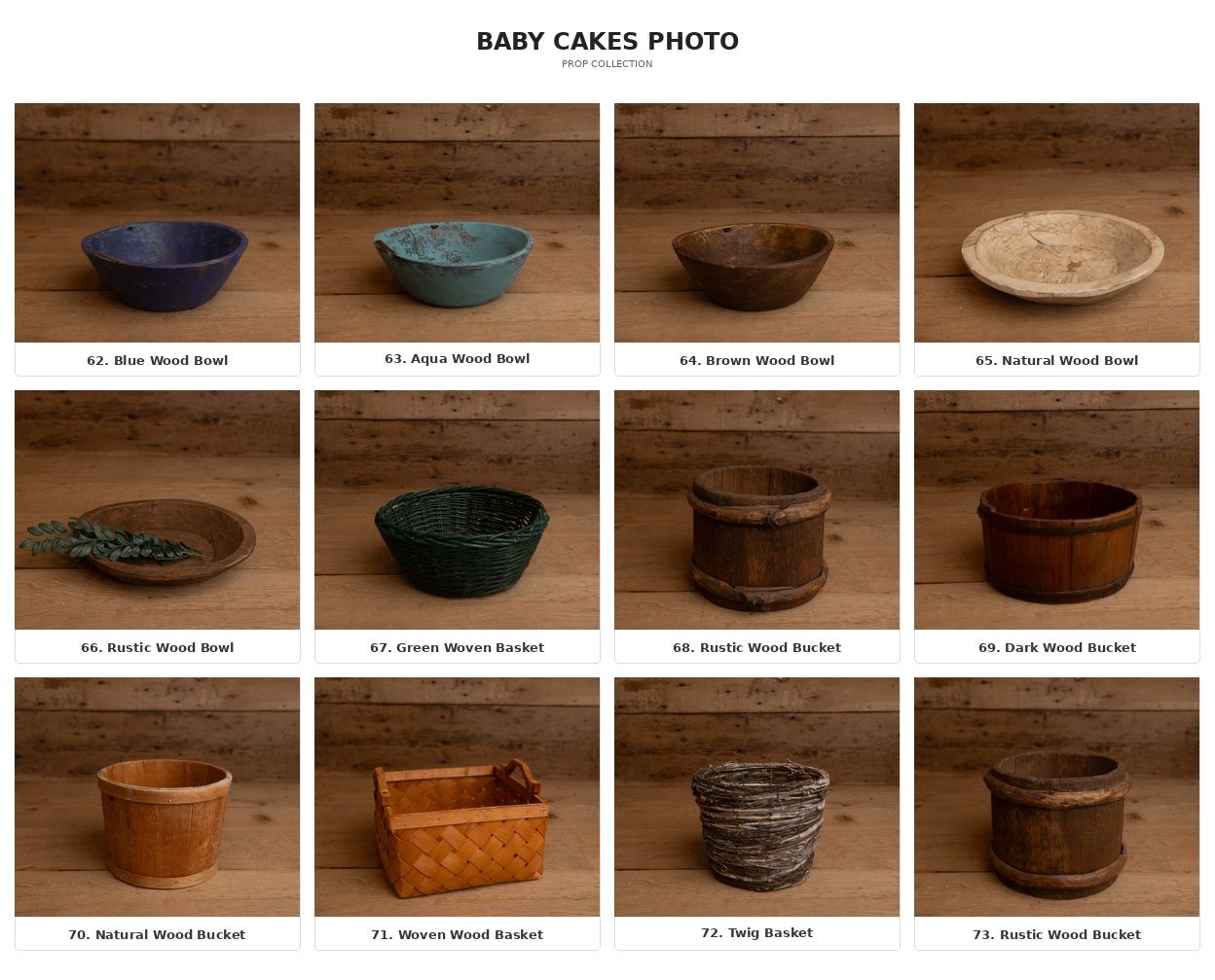 Rustic wooden bowls and baskets collection for baby photography props, featuring natural wood, green, and dark finishes.