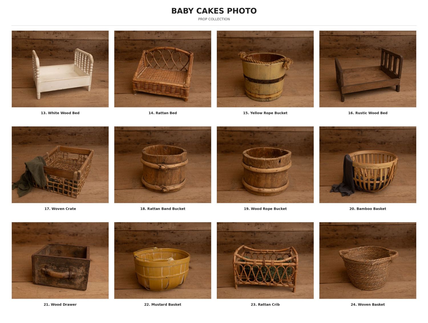 Rustic newborn photography props including wicker baskets, wooden beds, and rope baskets arranged in a grid on a wood background.