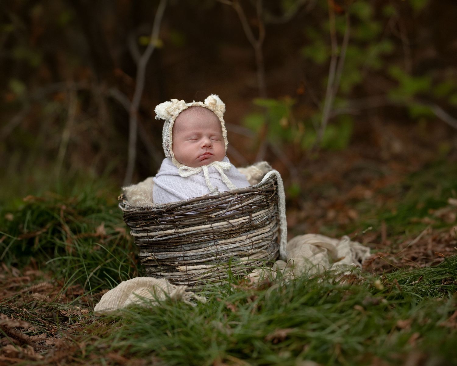 Newborn baby sleeping in a woven basket wearing a cream bear-ear bonnet, set on grass and fallen leaves in an outdoor woodland photoshoot.