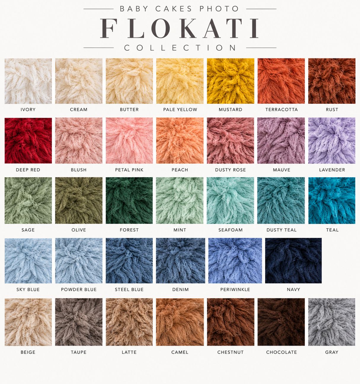 Baby Cakes Photo Flokati Collection swatch chart showing 35 fluffy yarn colors from ivory to navy.