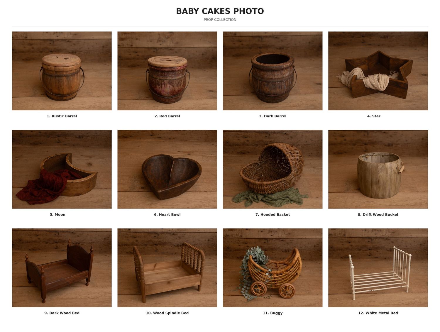Rustic wooden newborn photography props including barrels, bowls, baskets, beds, and a vintage pram on a wood background.