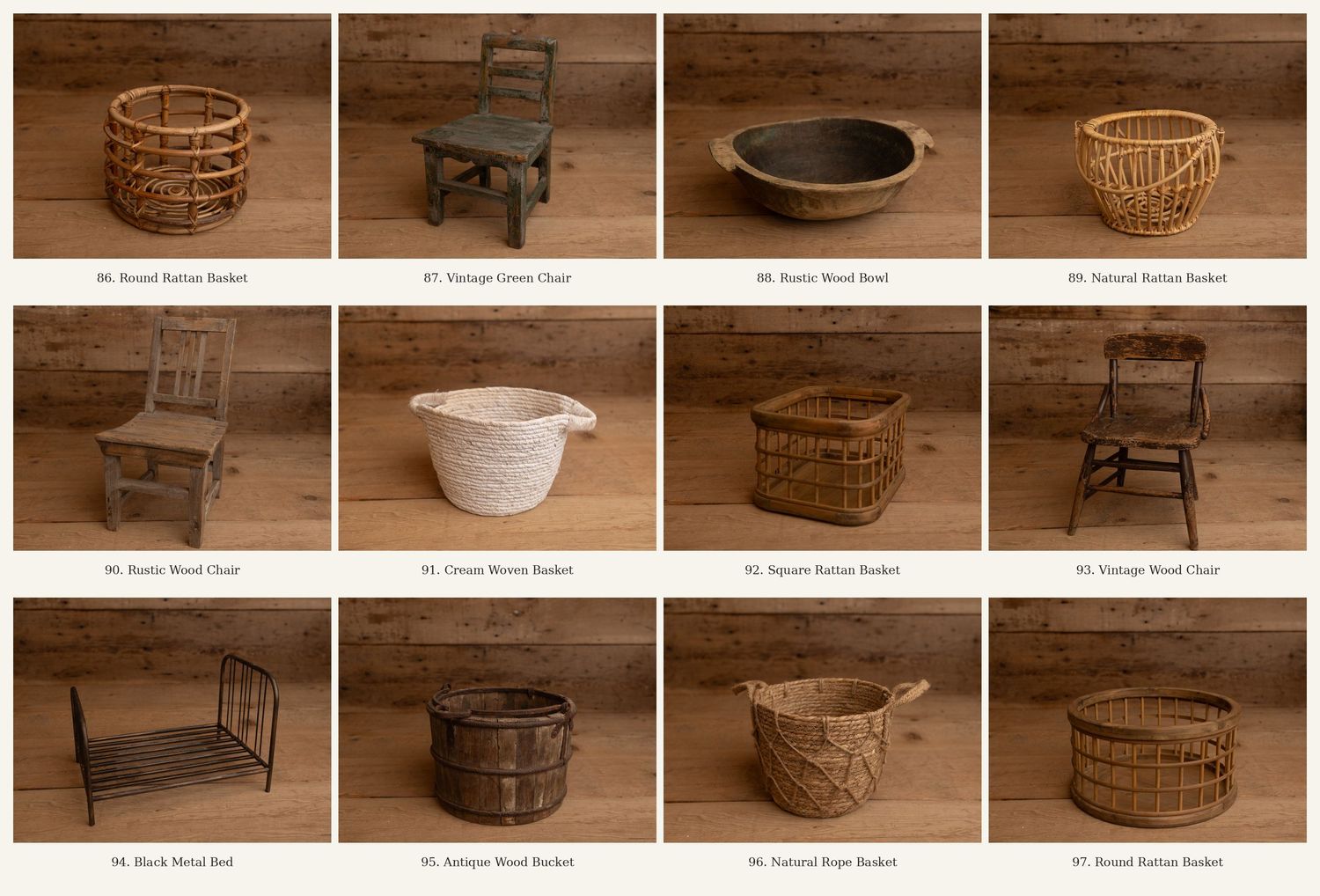 Rustic vintage collection of woven baskets, wooden chairs, and bowls for newborn photography props.