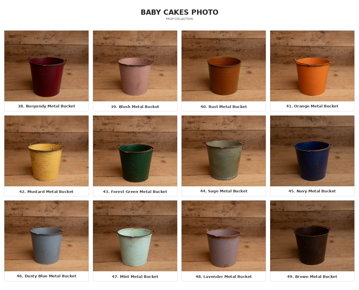 A collage of 12 colorful metal buckets in shades like burgundy, blush, rust, orange, mustard, forest green, sage, navy, dusty blue, mint, la