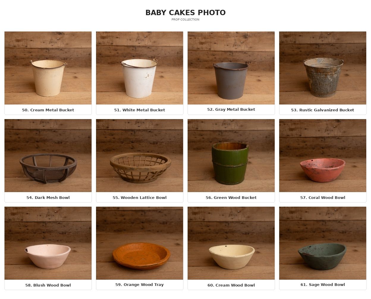 A collection of rustic baby photo prop bowls and buckets in metal, wood, and ceramic in neutral tones for newborn photography.
