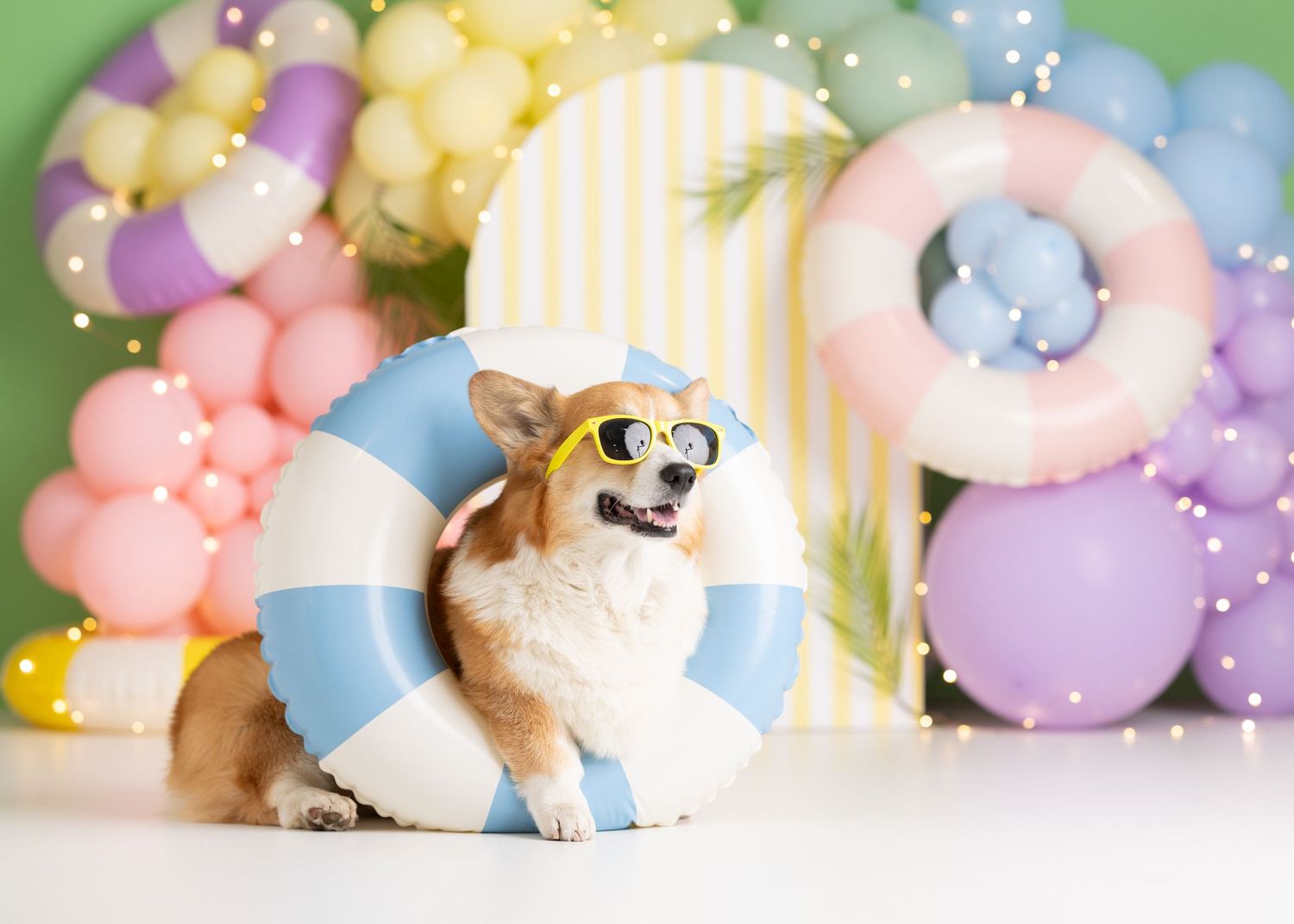 Corgi dog wearing yellow sunglasses with a pool float ring, surrounded by colorful balloons in a summer beach party setting.