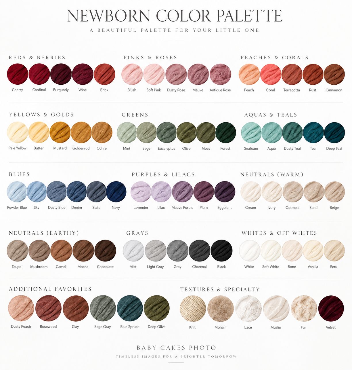 Newborn color palette chart showing swatches of reds, pinks, greens, blues, purples, neutrals, grays, and whites for baby photography.