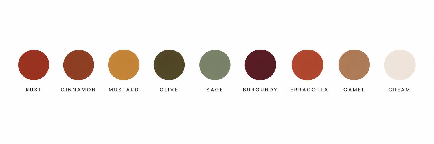 Color palette swatches showing rust, cinnamon, mustard, olive, sage, burgundy, terracotta, camel, and cream tones.