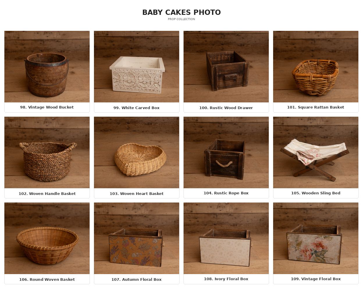 A collage of rustic wooden boxes, wicker baskets, and vintage prop containers for baby cake smash photography sessions.