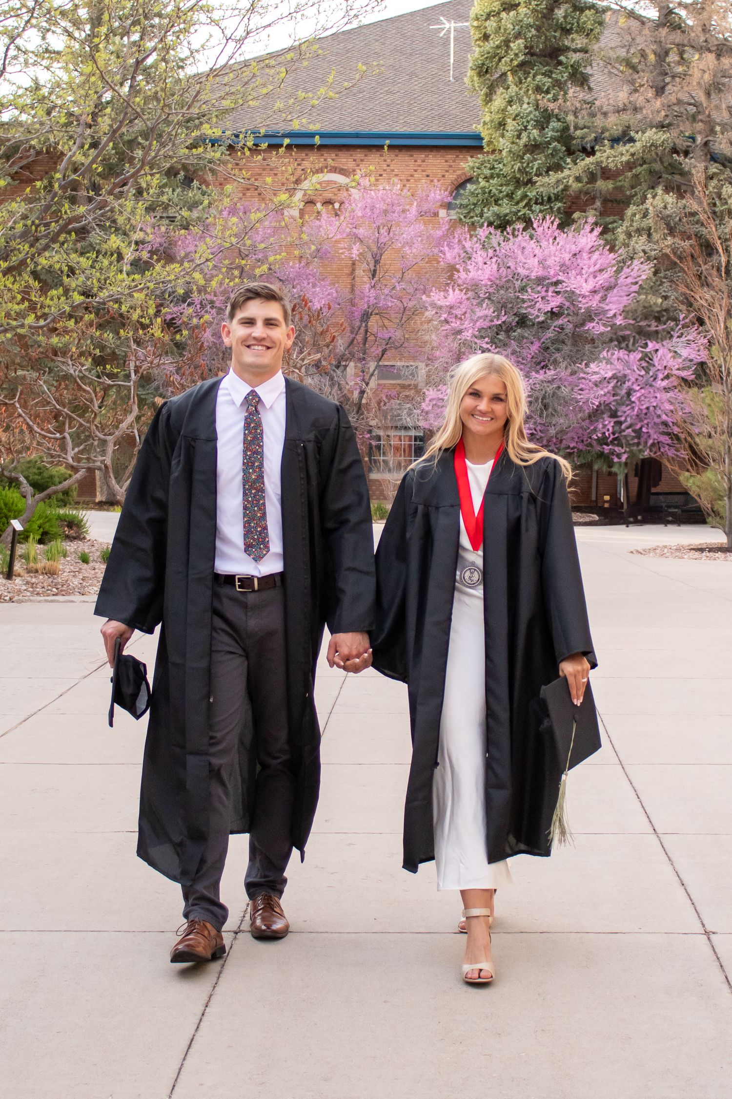 Two graduates in black gowns hold hands walking on campus with blooming pink trees in the background.