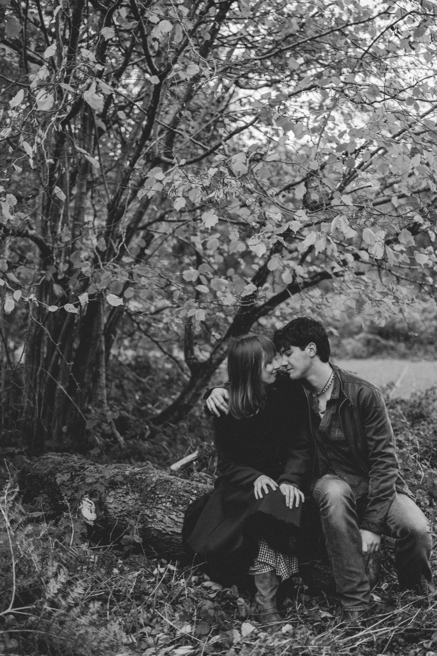Black and white photo of a romantic couple sitting close together under autumn trees in a forest setting.