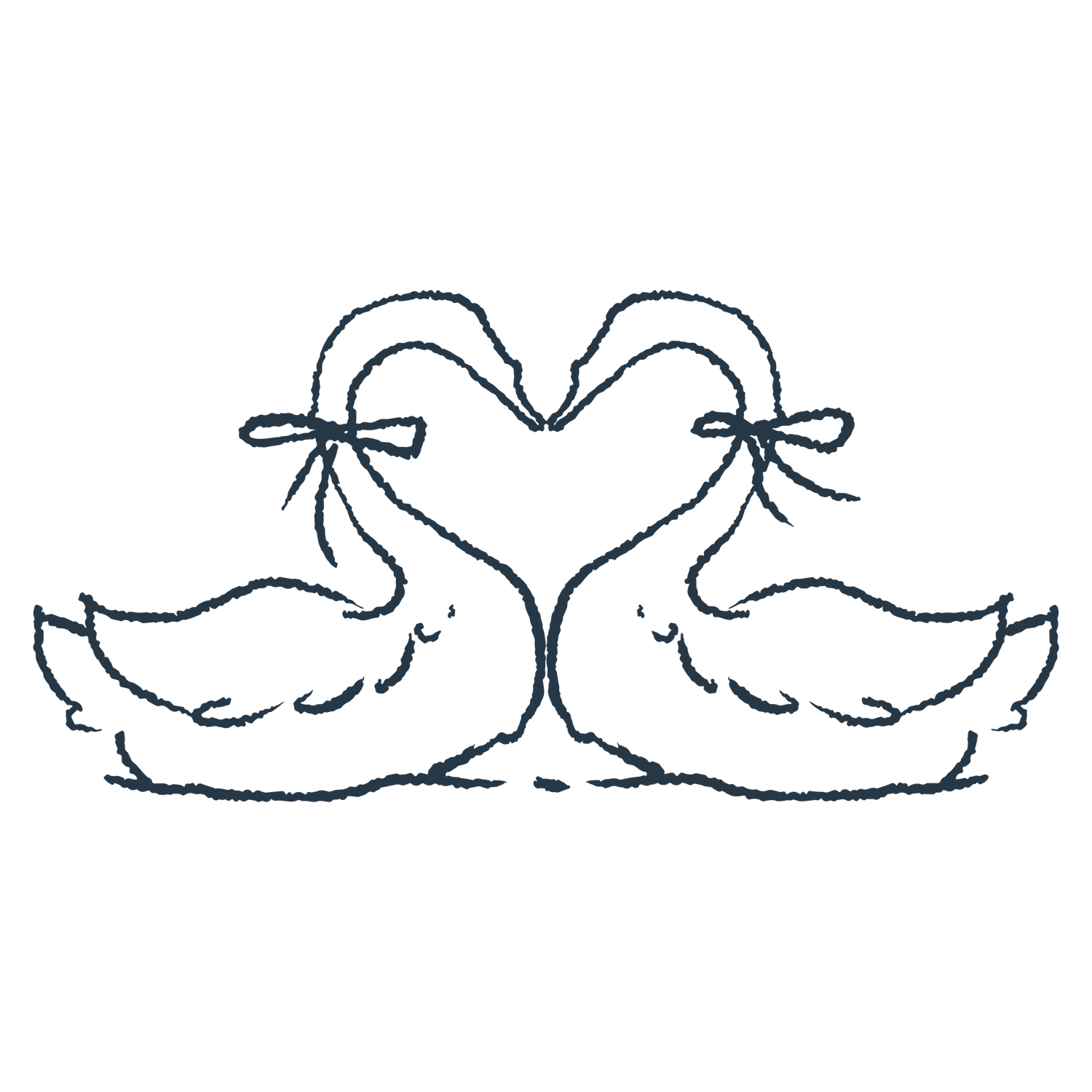 Two swans facing each other forming a heart shape with their necks, adorned with bows, line art illustration.