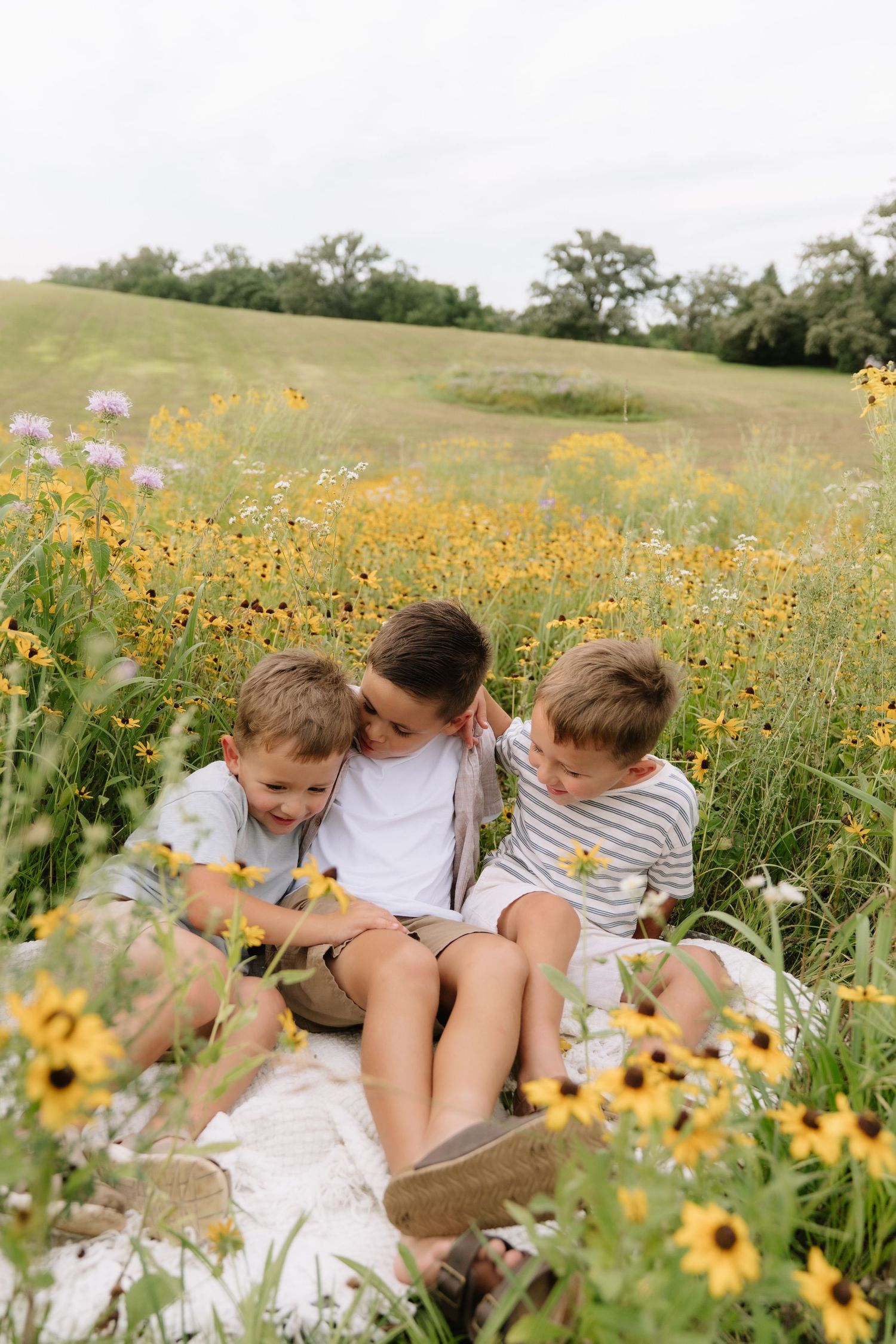 Three children sit together on a blanket in a sunny wildflower meadow filled with yellow black-eyed Susans.