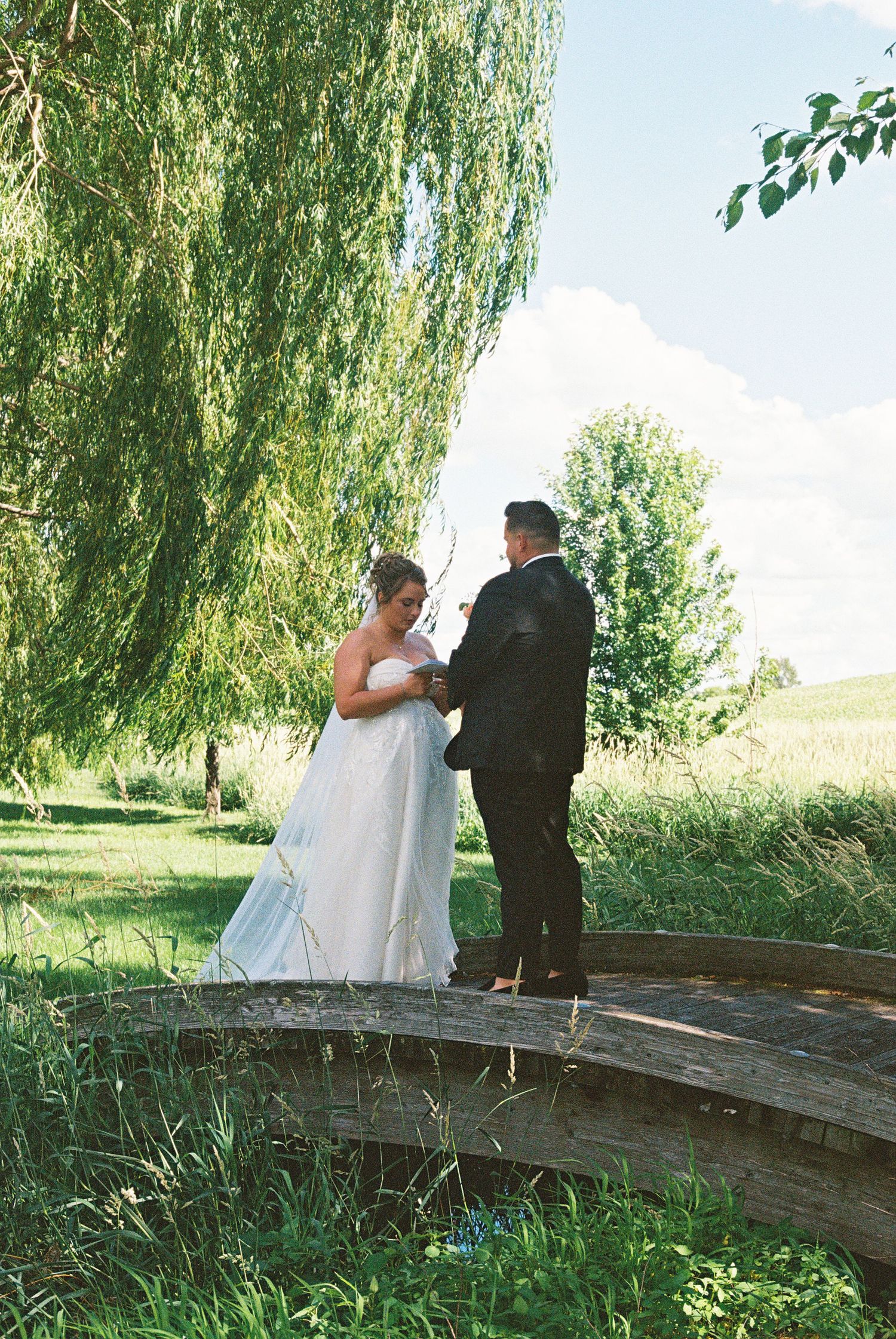 Bride and groom exchange vows on a rustic wooden bridge beneath a weeping willow tree on a sunny wedding day.
