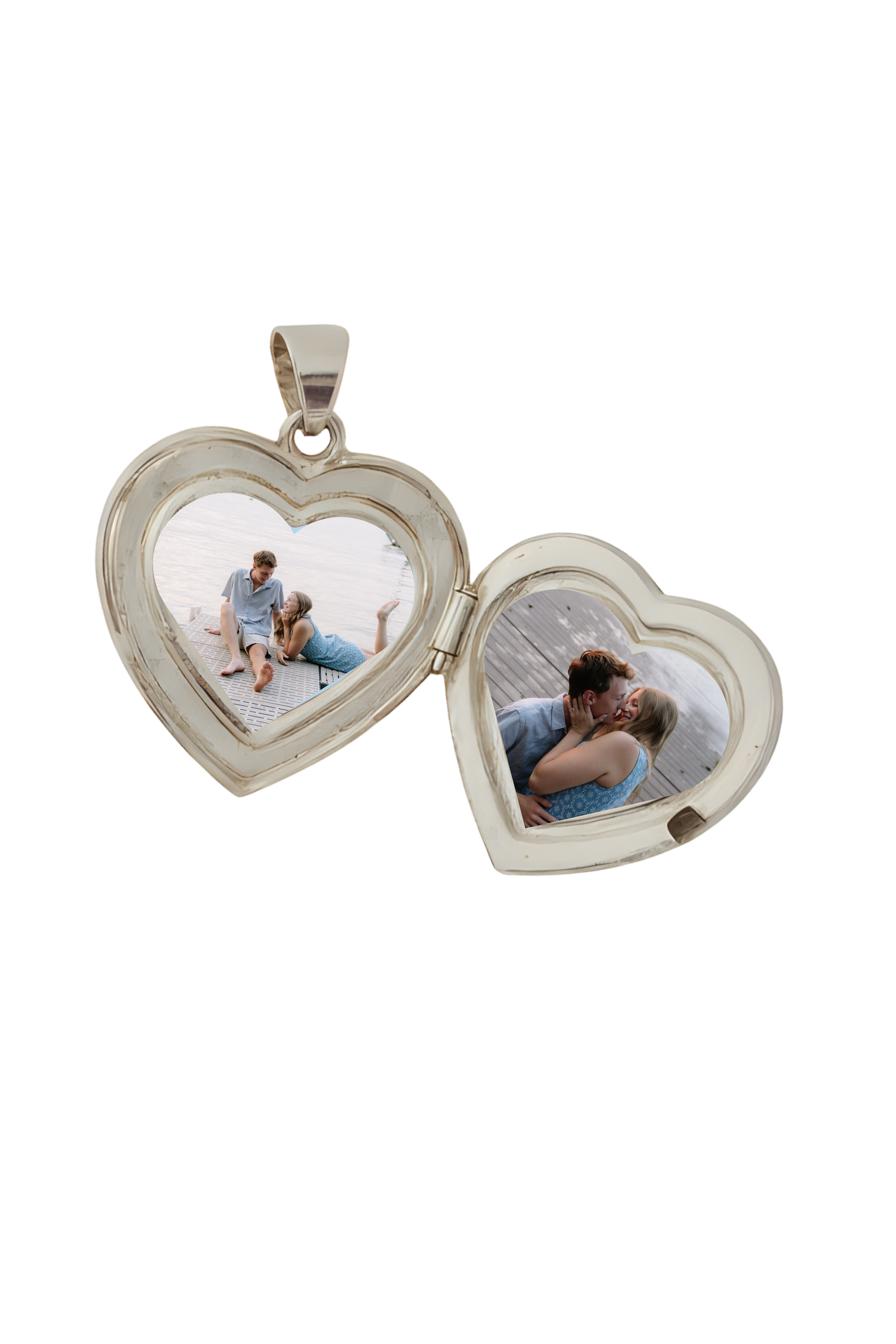 Open silver heart locket pendant displaying two photos of romantic couples, perfect for cherishing precious memories.