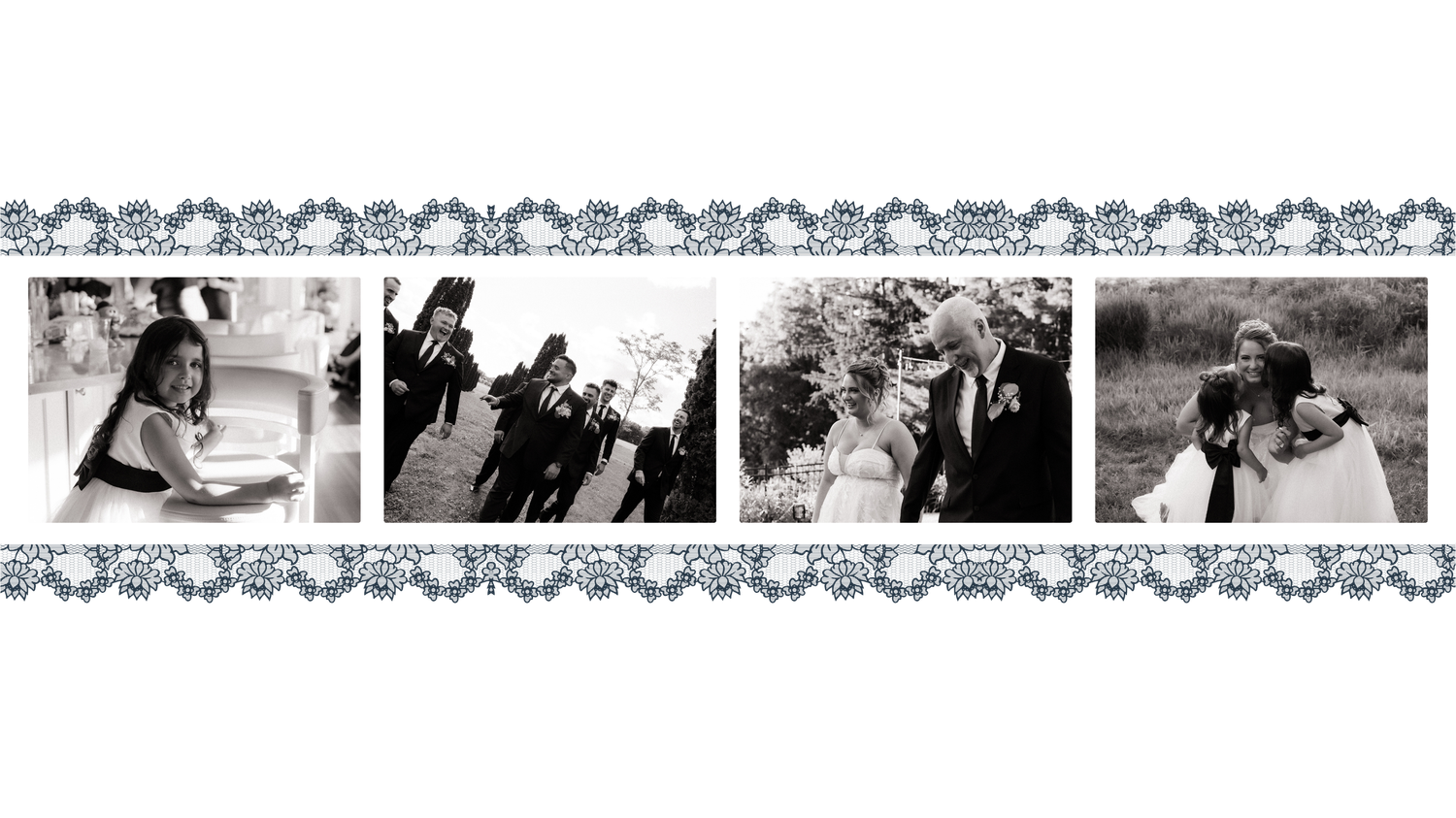 Black and white wedding photo collage featuring bride, ceremony, couple walking, and family portrait with decorative border.