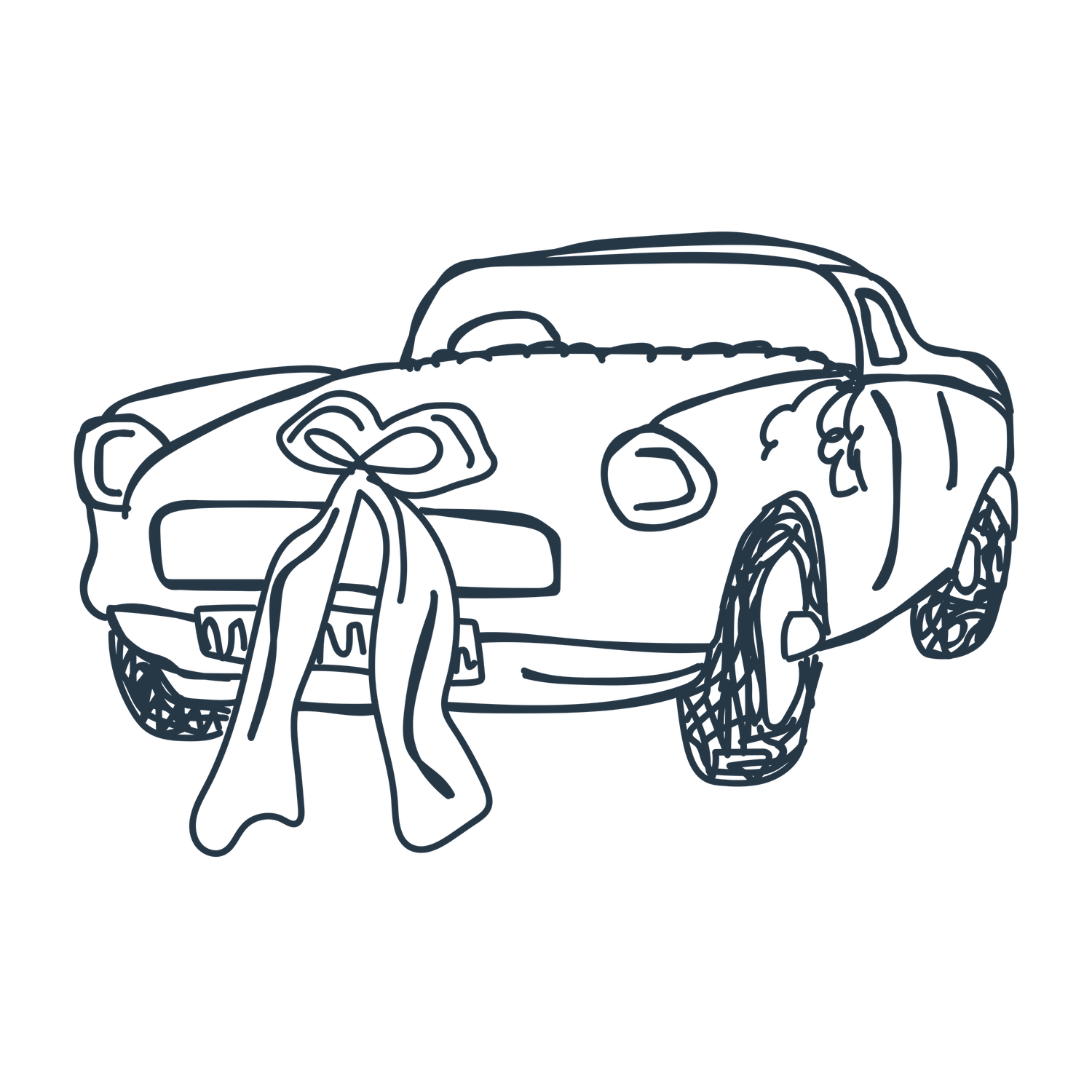 Vintage classic car decorated with a large ribbon bow, hand-drawn doodle style illustration in navy blue.