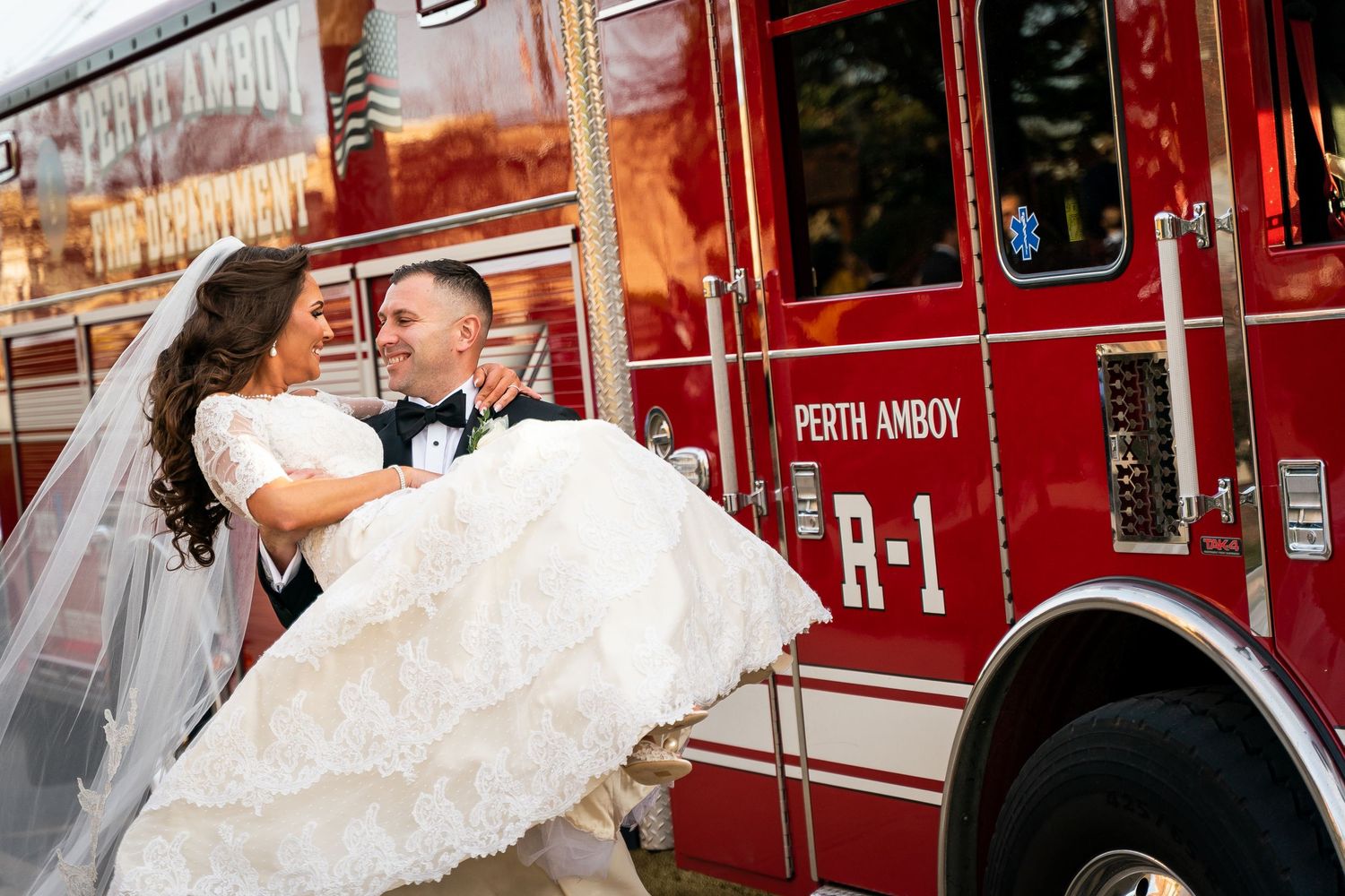 creative fun artsy firemen wedding couple photos