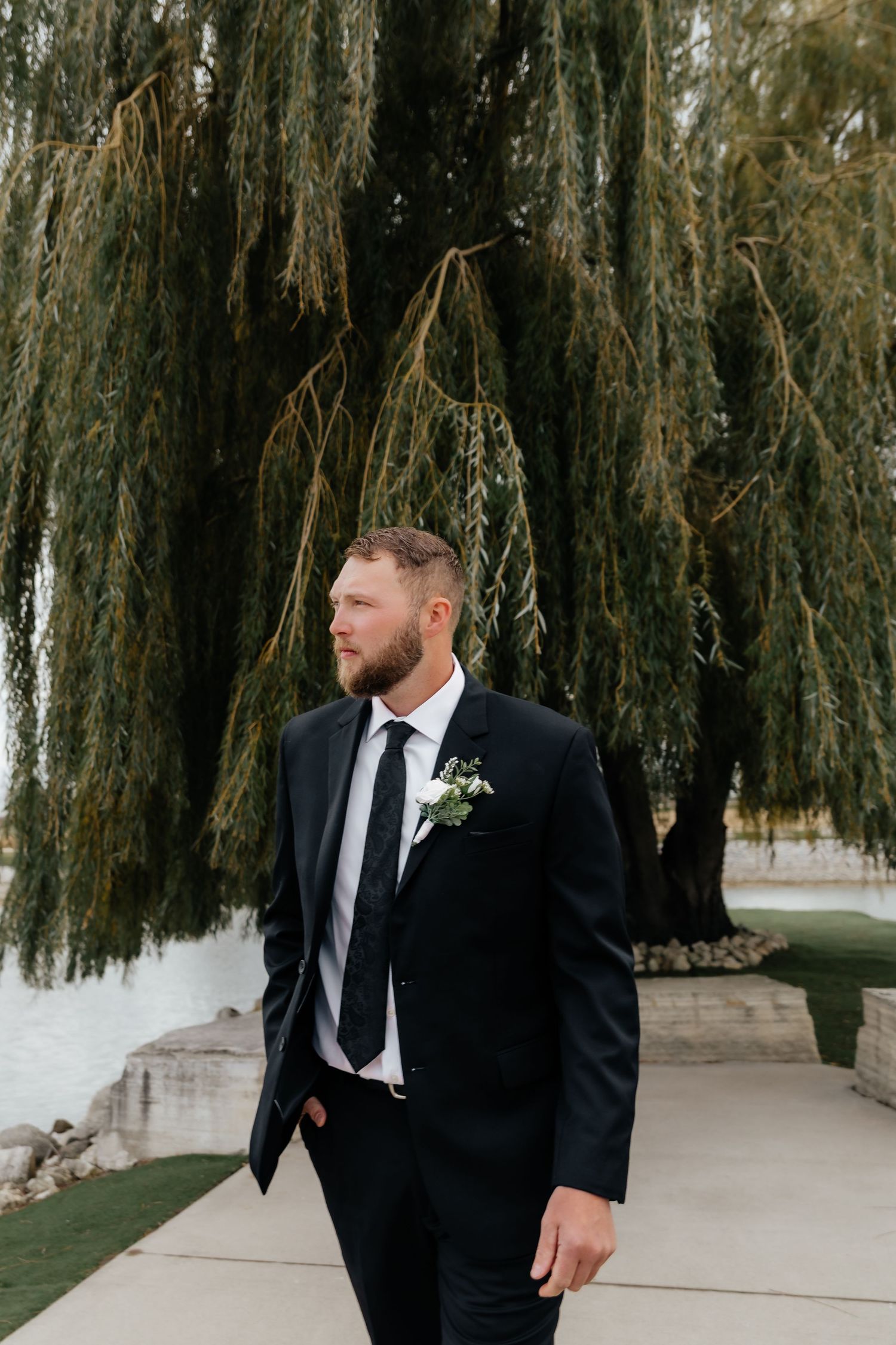 Handsome groom in black suit and tie posing outdoors under a weeping willow tree.