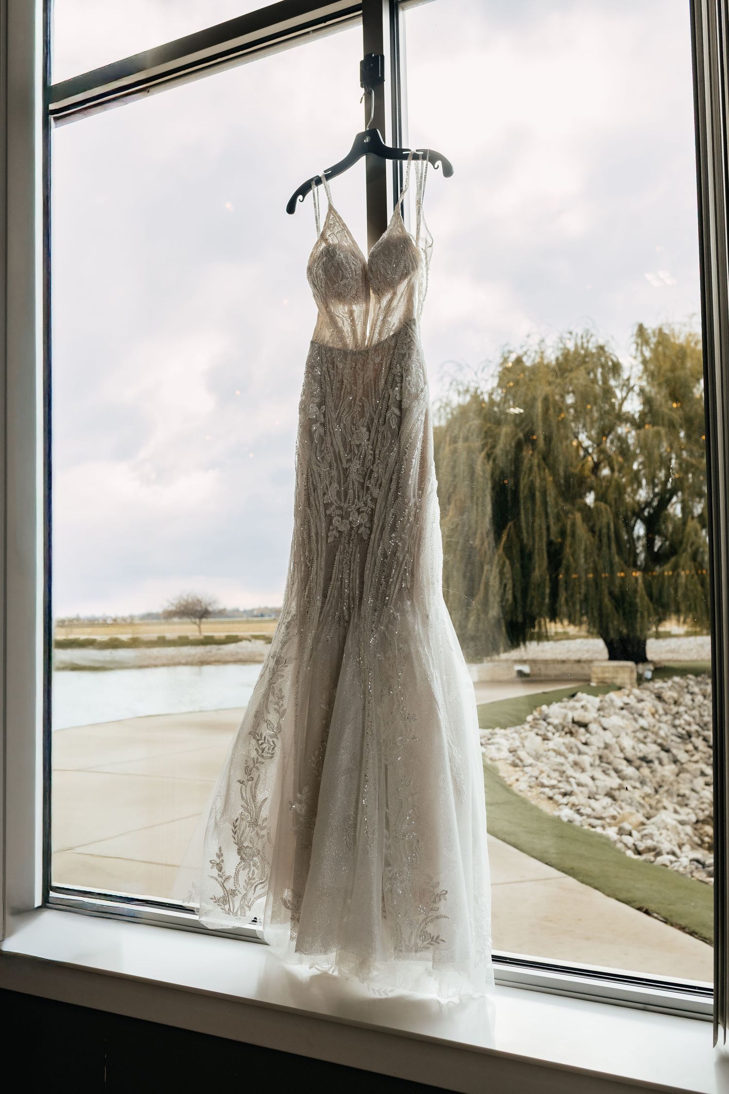 Elegant lace wedding gown hanging in a sunlit window with a willow tree and pond in the background.