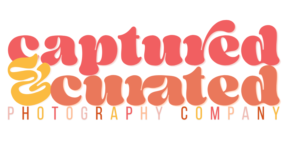 Captured & Curated Photography Company logo in coral and golden yellow retro bold typography.