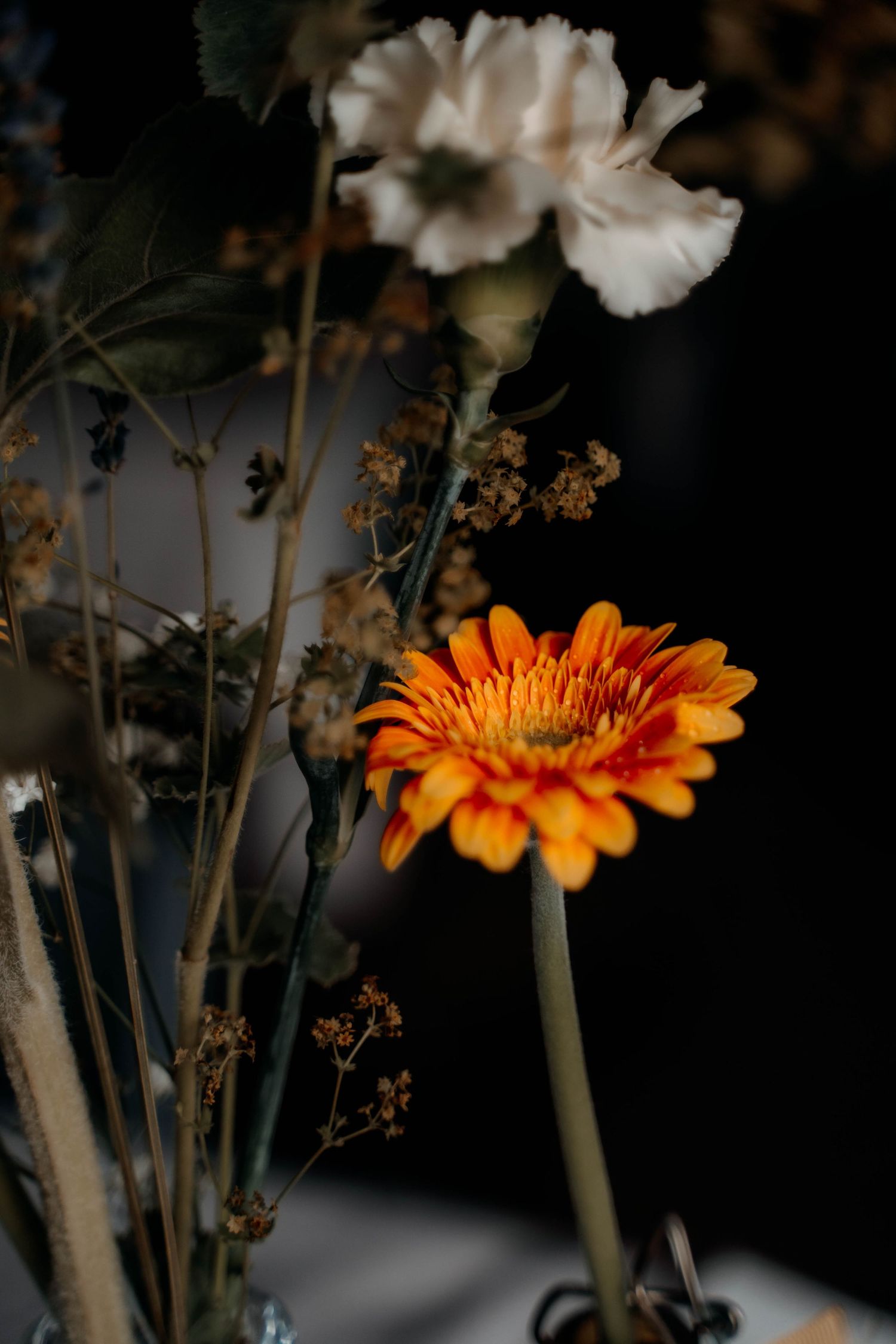 Orange gerbera daisy and white carnation arrangement with dried botanicals against dark background.