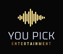 You Pick Entertainment DJ and entertainment company logo with gold sound wave graphic on black background.