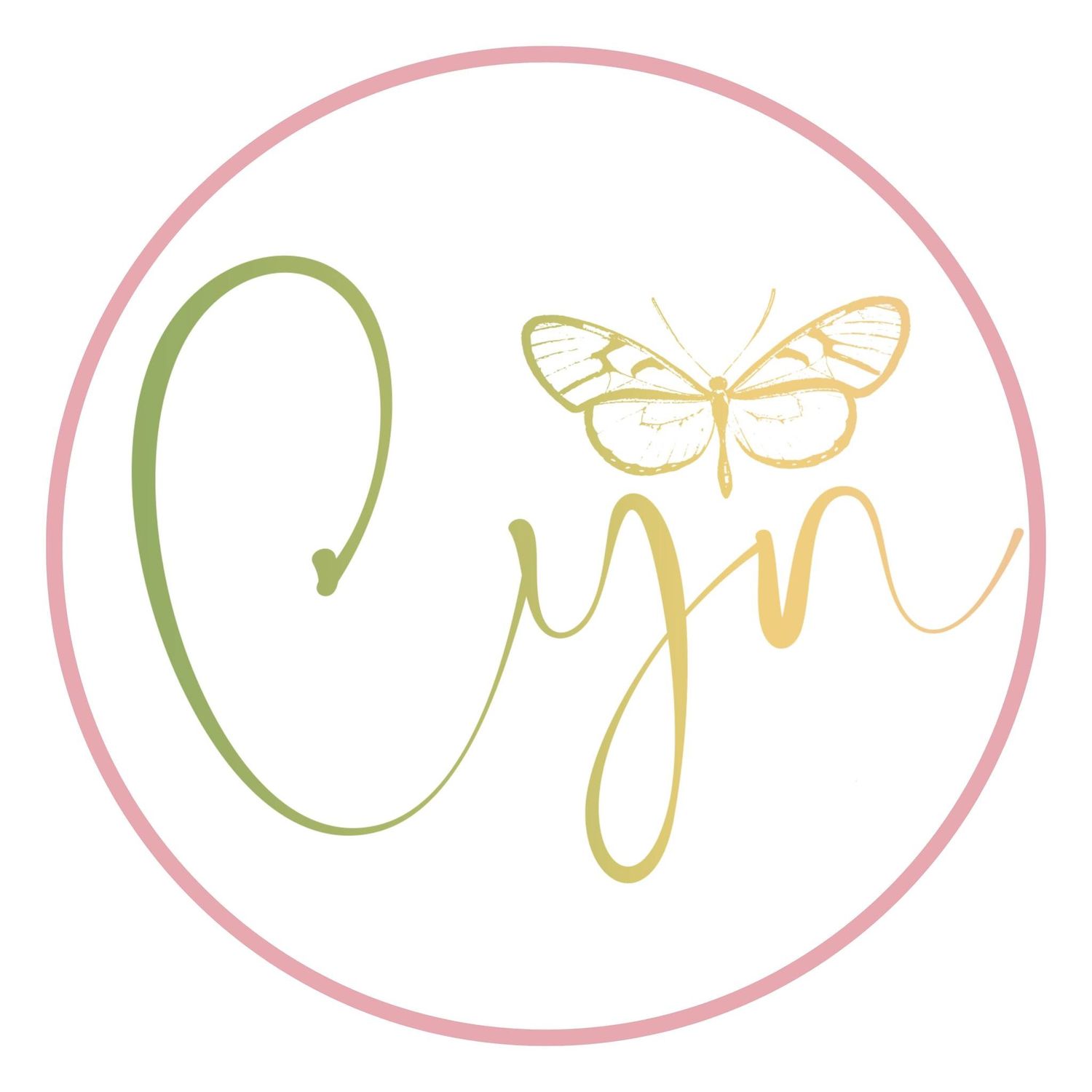 Cyn beauty or event brand logo with gold butterfly and green script lettering inside a pink circle.