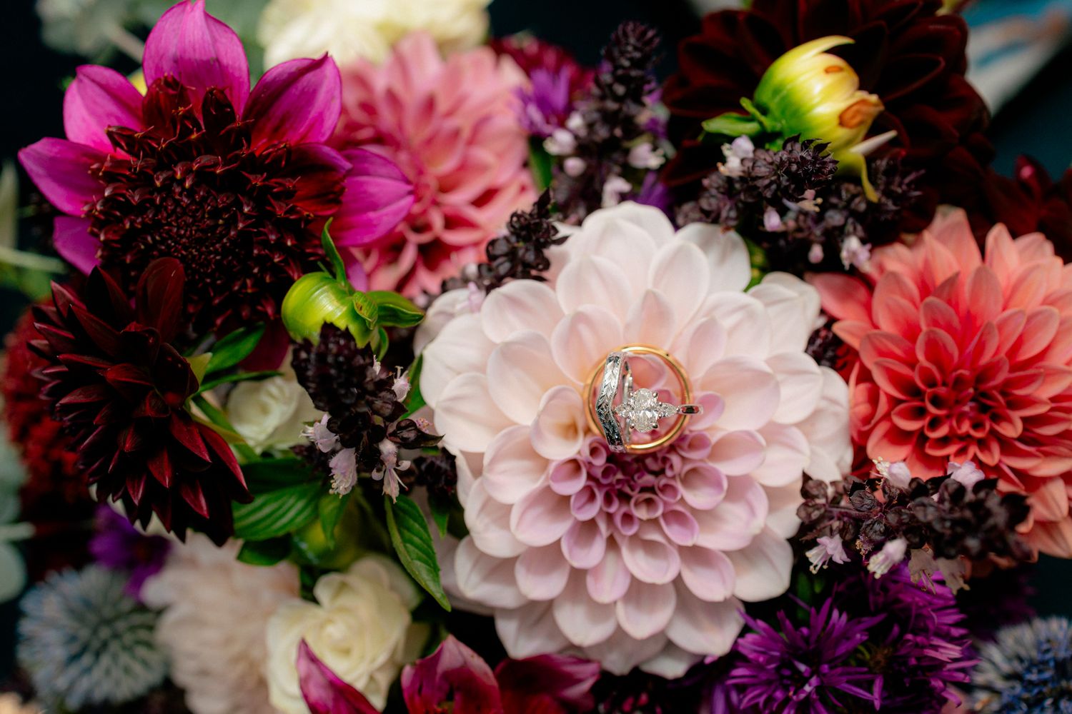 Diamond wedding ring nestled in a vibrant bouquet of pink, purple, and burgundy dahlia flowers.